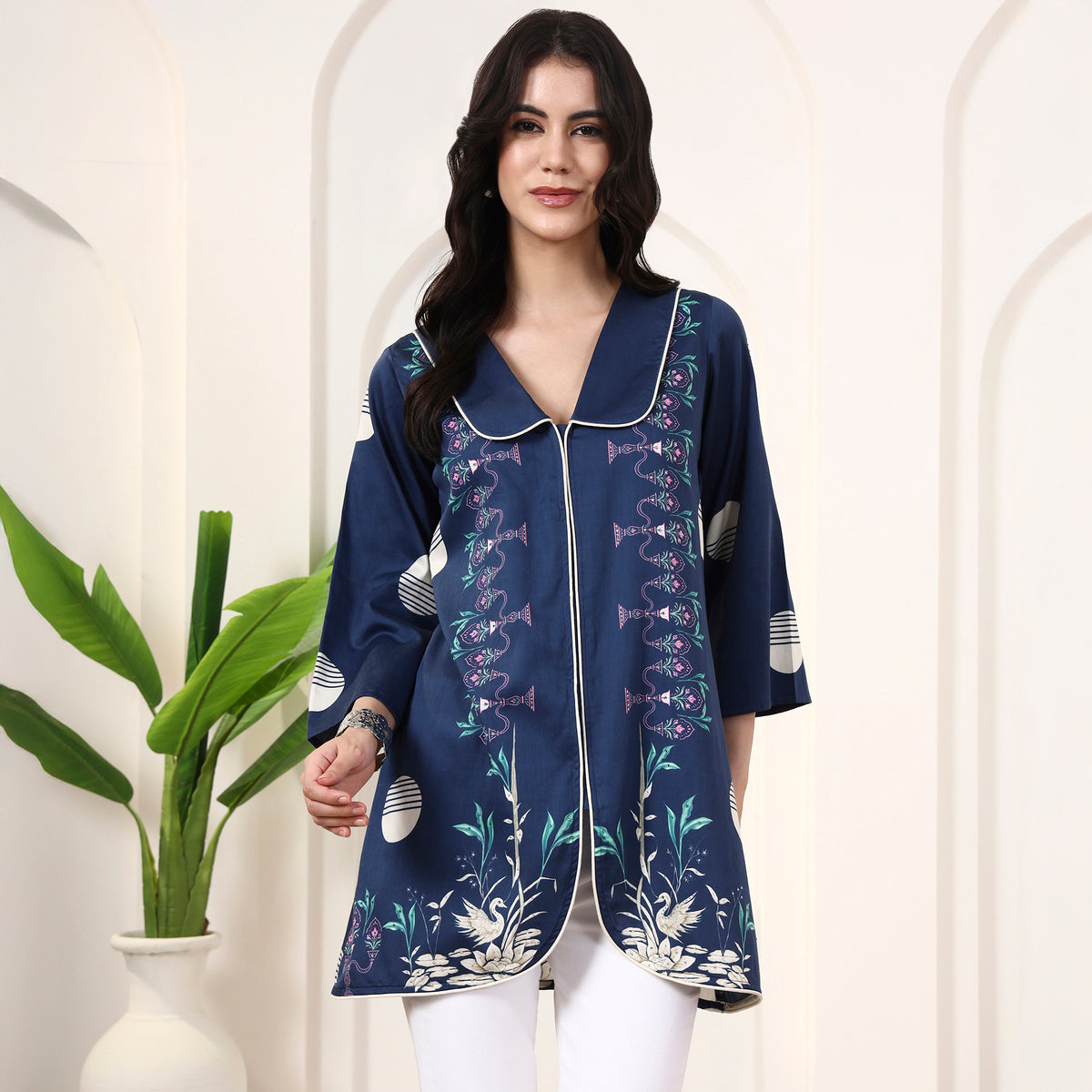 Dark Blue Floral Print Top for Women – Cotton Satin | First Resort by Ramola Bachchan