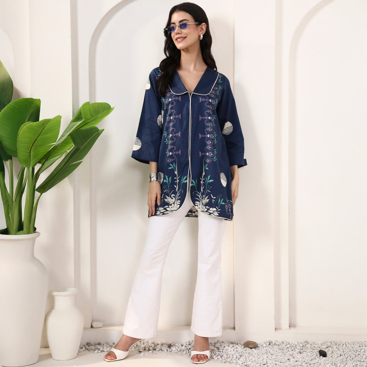 Dark Blue Floral Print Top for Women – Cotton Satin – Front View | First Resort by Ramola Bachchan