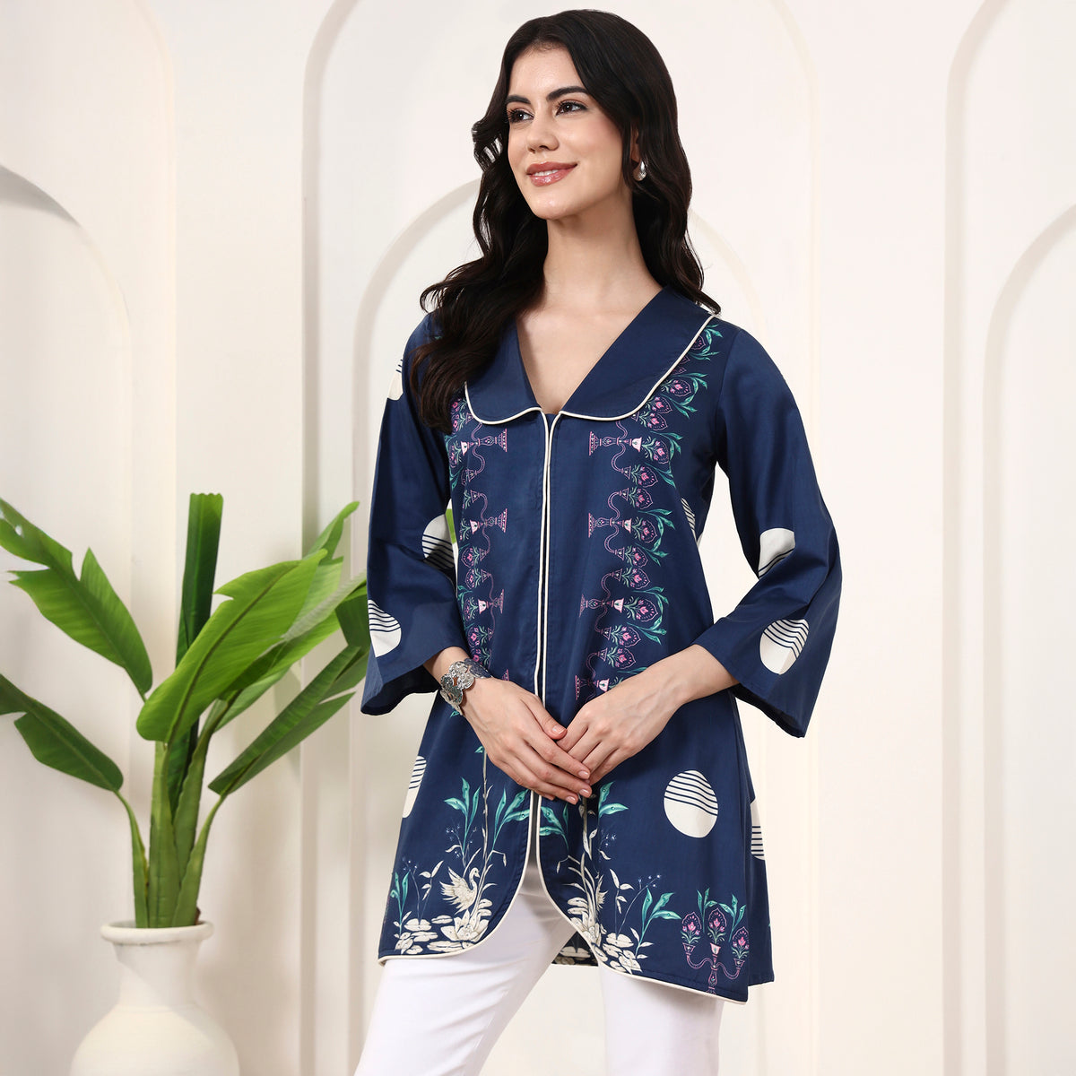 Dark Blue Floral Print Top for Women – Cotton Satin – Model View | First Resort by Ramola Bachchan