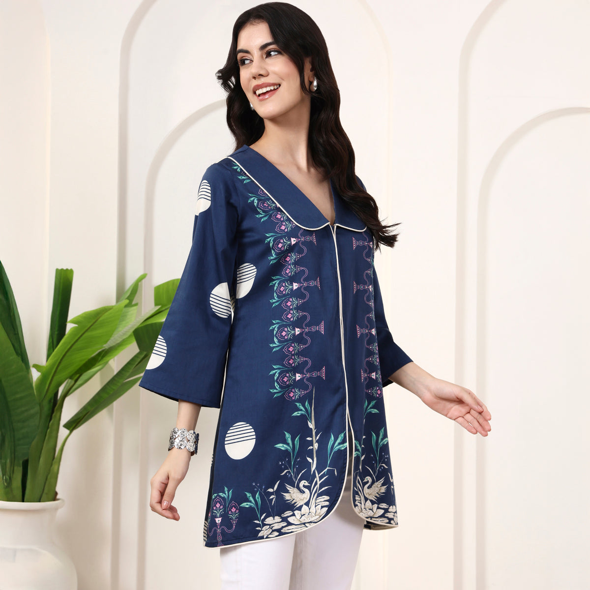 Dark Blue Floral Print Top for Women – Cotton Satin – Side View | First Resort by Ramola Bachchan