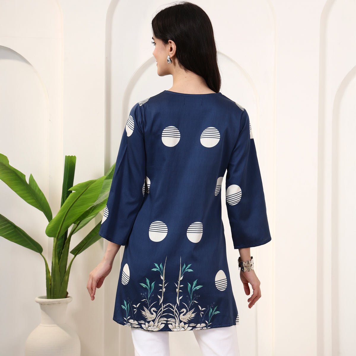 Dark Blue Floral Print Top for Women – Cotton Satin – Detail View | First Resort by Ramola Bachchan