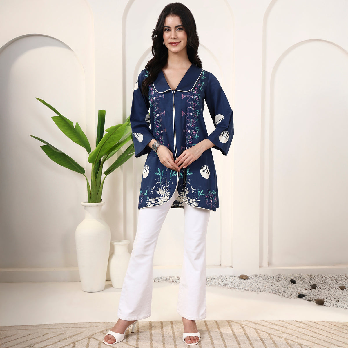 Dark Blue Floral Print Top for Women – Cotton Satin – Close Up | First Resort by Ramola Bachchan