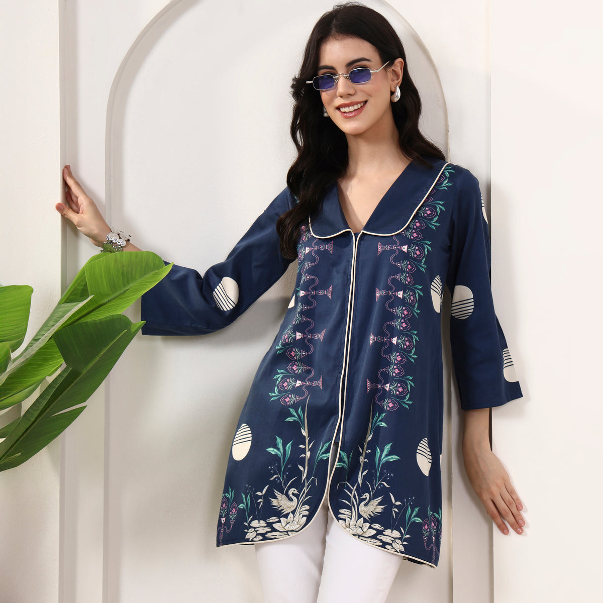 Dark Blue Floral Print Top for Women – Cotton Satin | First Resort by Ramola Bachchan