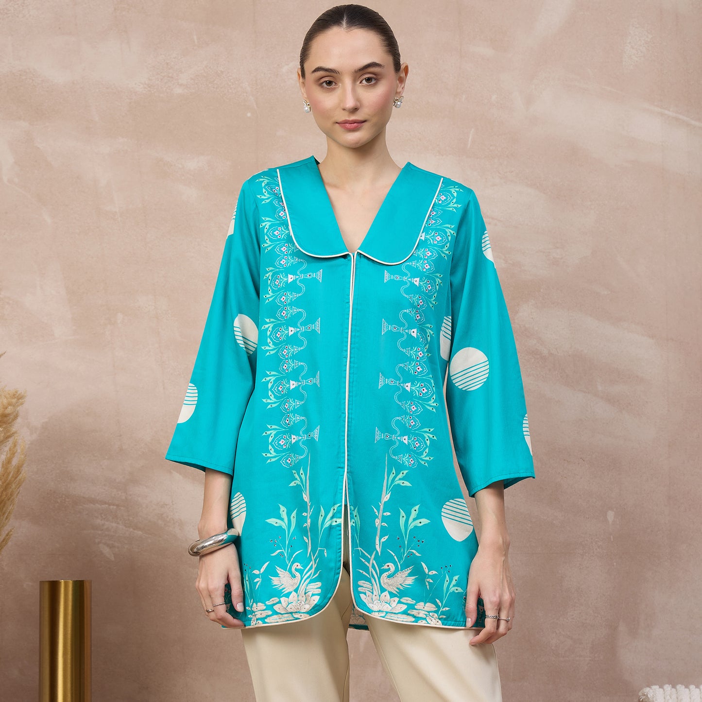 Sky Blue Floral Print Top for Women – Cotton Satin | First Resort by Ramola Bachchan