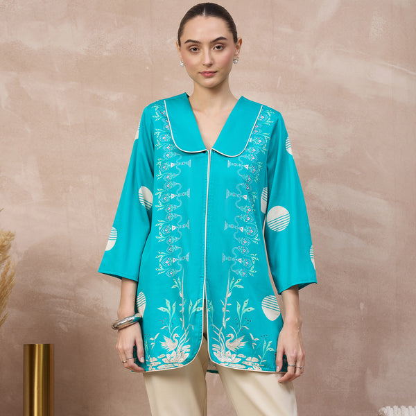 Sky Blue Floral Print Top for Women – Cotton Satin | First Resort by Ramola Bachchan