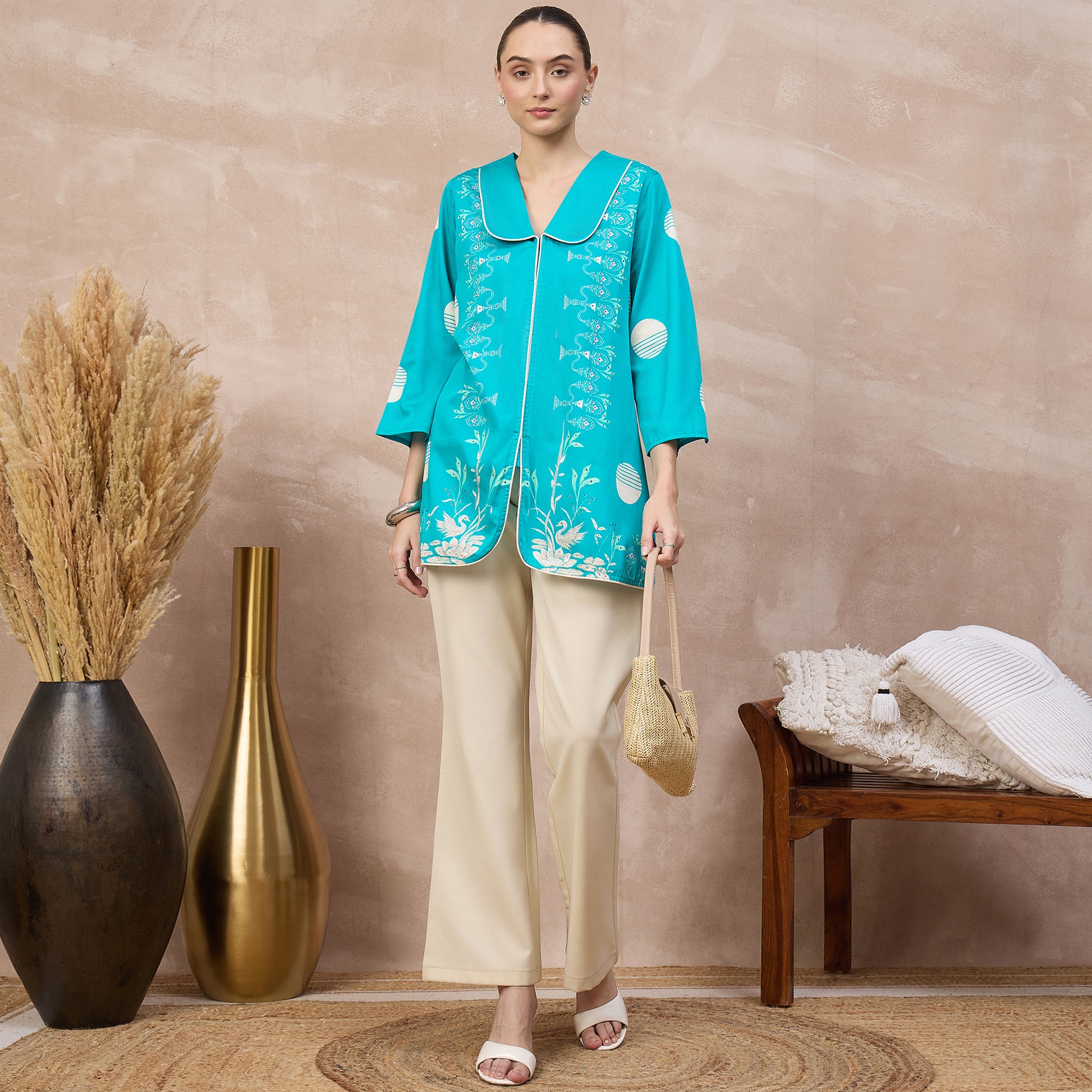 Sky Blue Floral Print Top for Women – Cotton Satin – Front View | First Resort by Ramola Bachchan