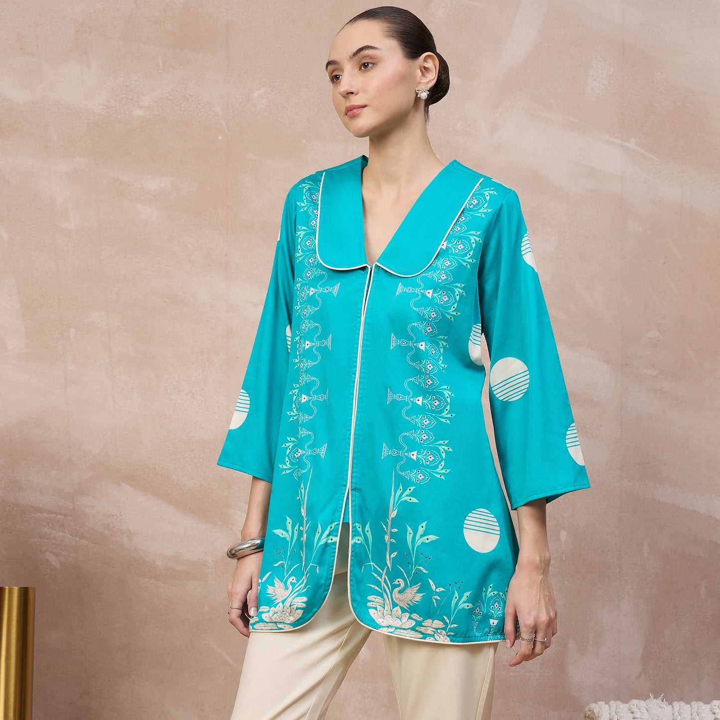 Sky Blue Floral Print Top for Women – Cotton Satin – Model View | First Resort by Ramola Bachchan