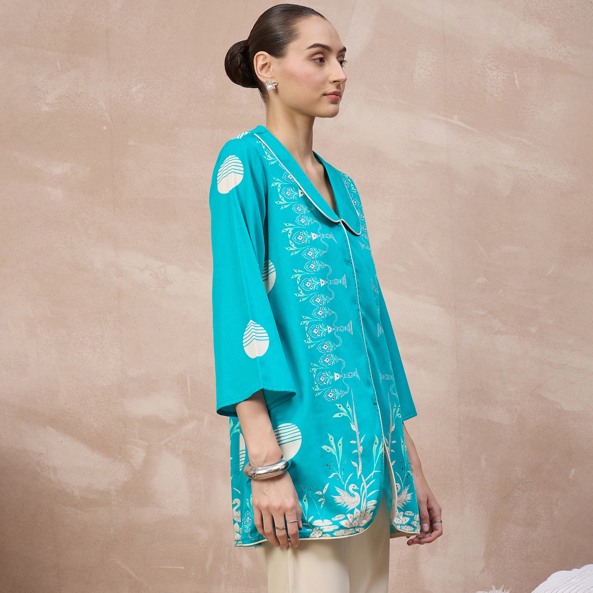 Sky Blue Floral Print Top for Women – Cotton Satin – Side View | First Resort by Ramola Bachchan