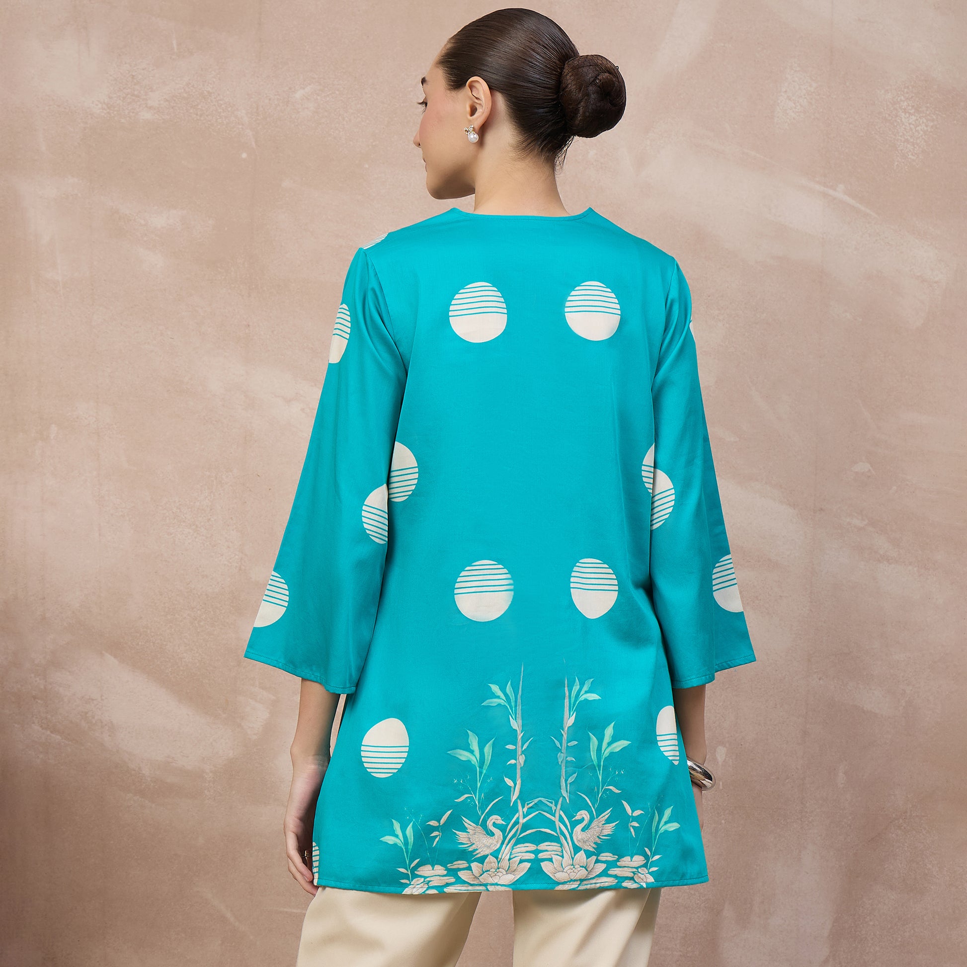 Sky Blue Floral Print Top for Women – Cotton Satin – Detail View | First Resort by Ramola Bachchan