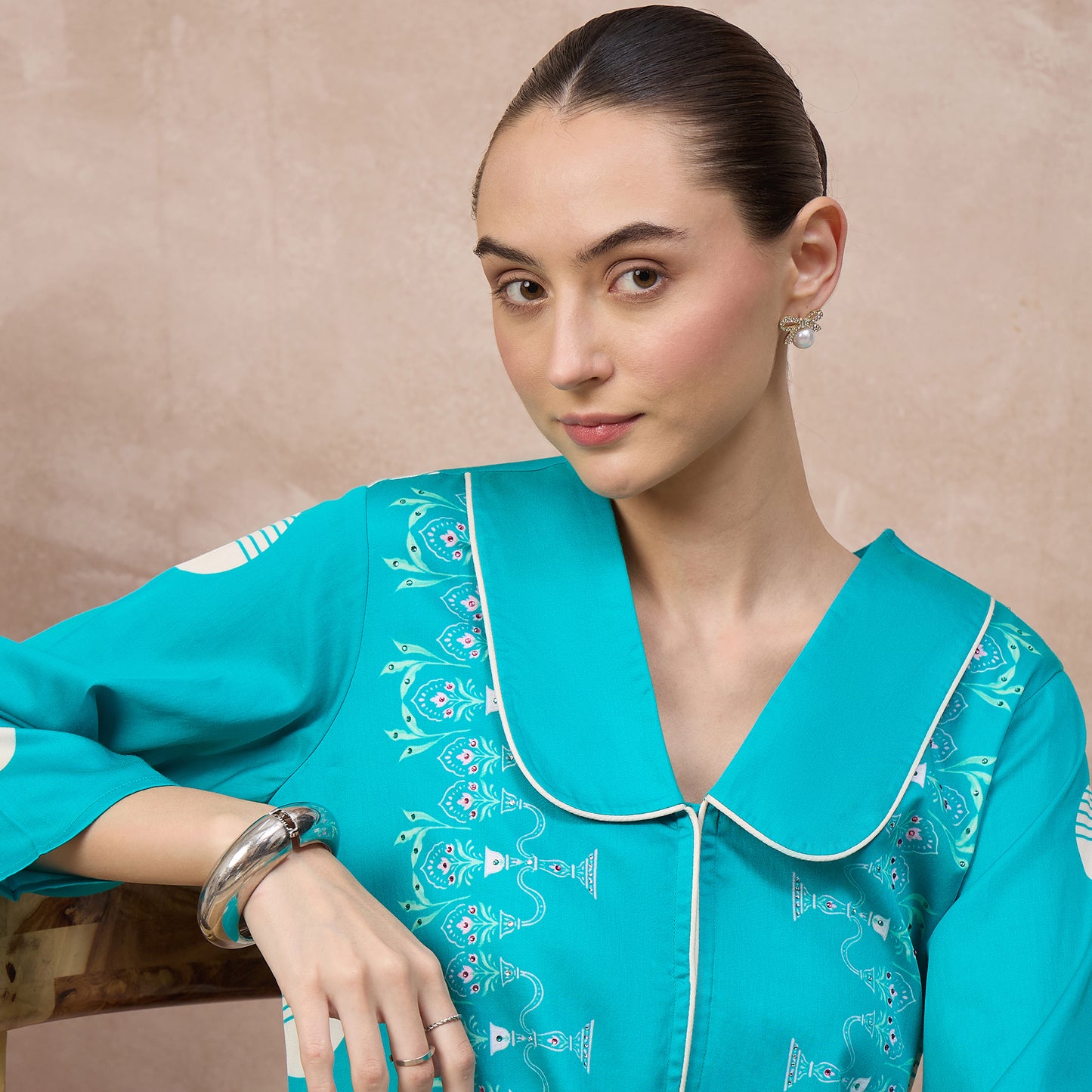 Sky Blue Floral Print Top for Women – Cotton Satin – Back View | First Resort by Ramola Bachchan