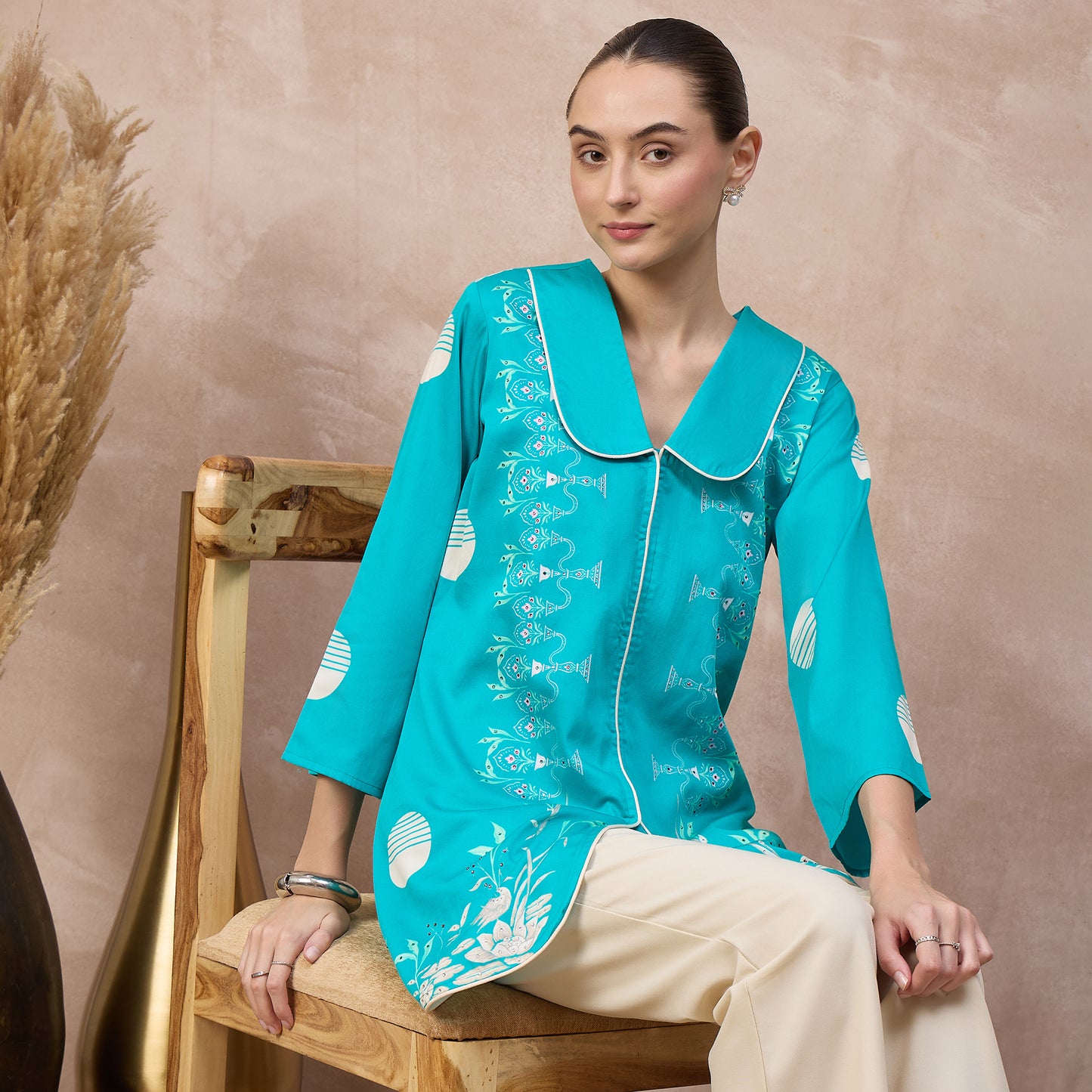 Sky Blue Floral Print Top for Women – Cotton Satin – Close Up | First Resort by Ramola Bachchan