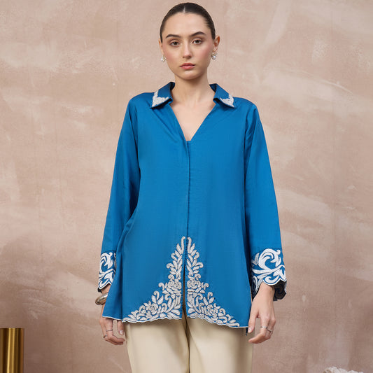 Blue Top for Women – Cotton Satin | First Resort by Ramola Bachchan