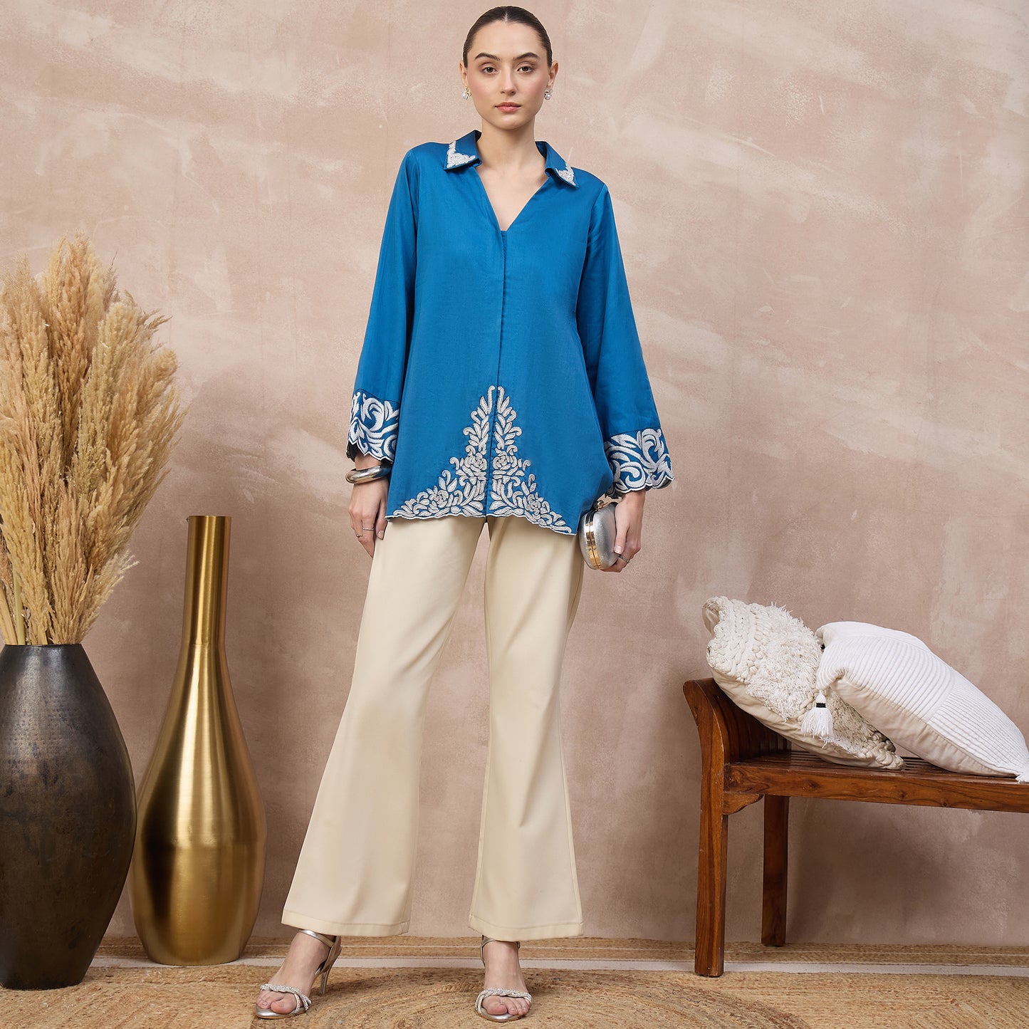 Blue Top for Women – Cotton Satin – Front View | First Resort by Ramola Bachchan