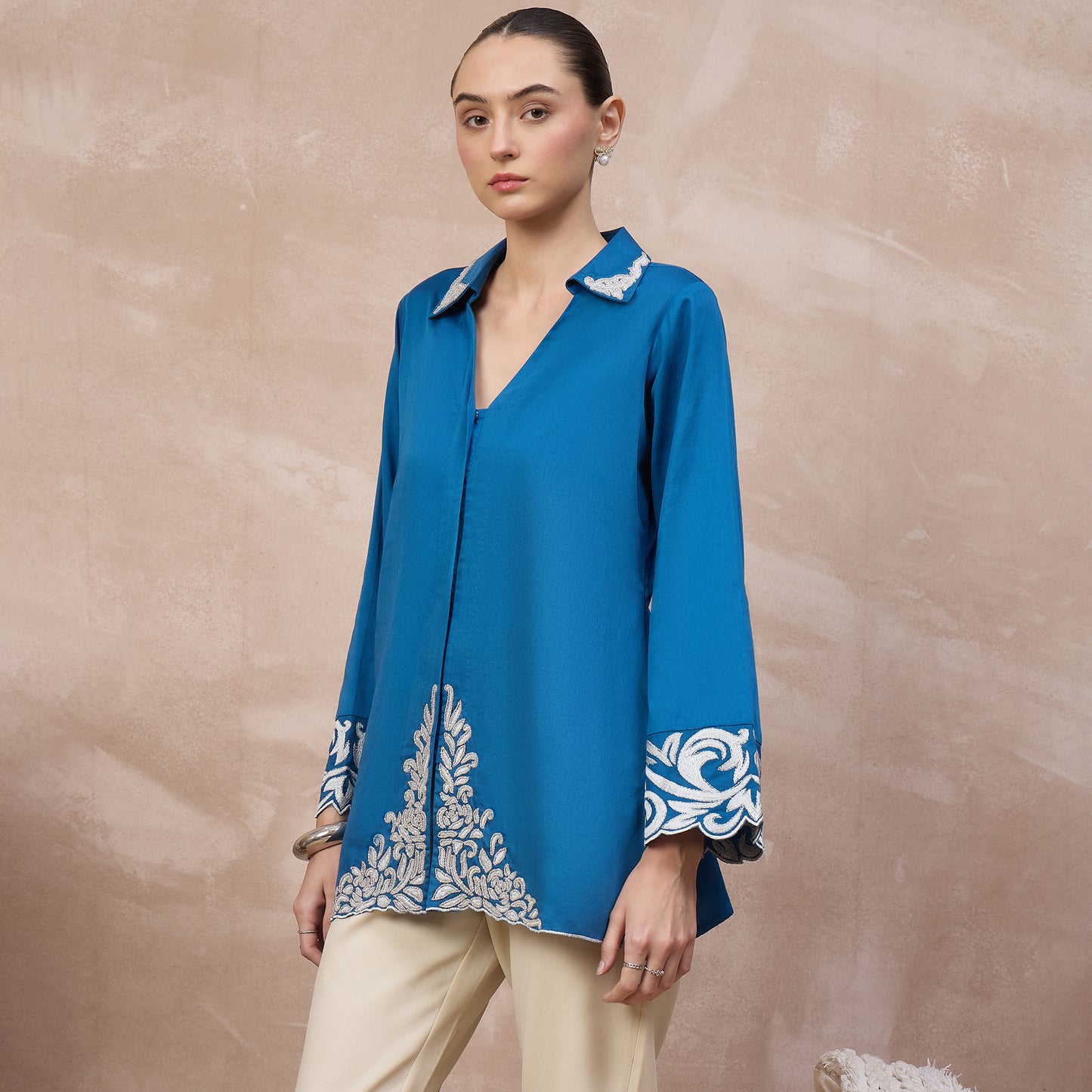 Blue Top for Women – Cotton Satin – Model View | First Resort by Ramola Bachchan