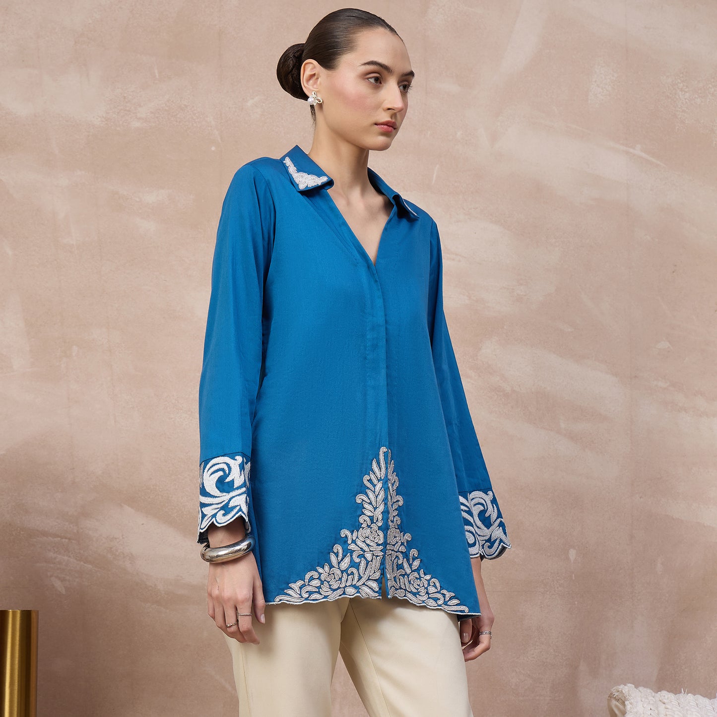 Blue Top for Women – Cotton Satin – Side View | First Resort by Ramola Bachchan