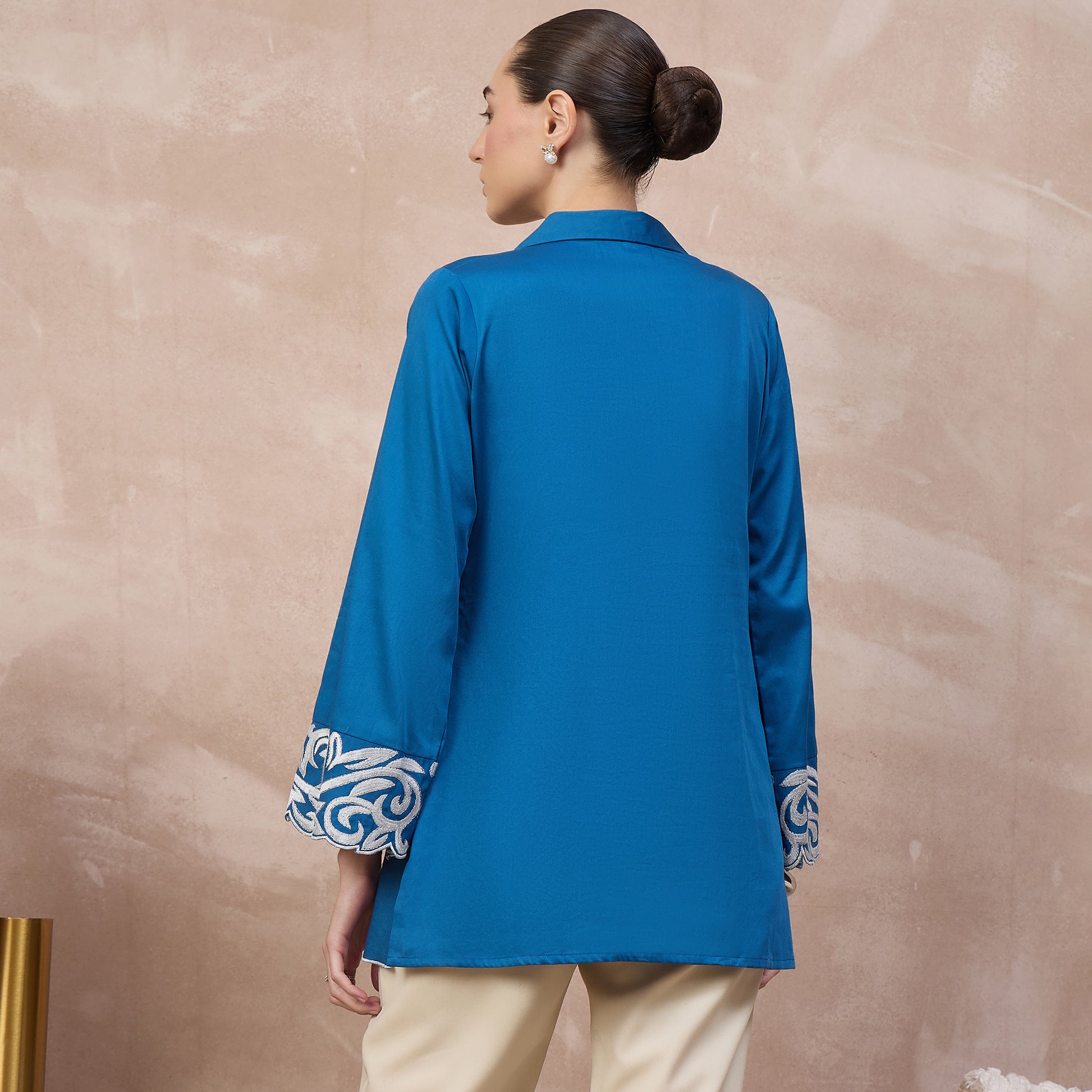 Blue Top for Women – Cotton Satin – Detail View | First Resort by Ramola Bachchan
