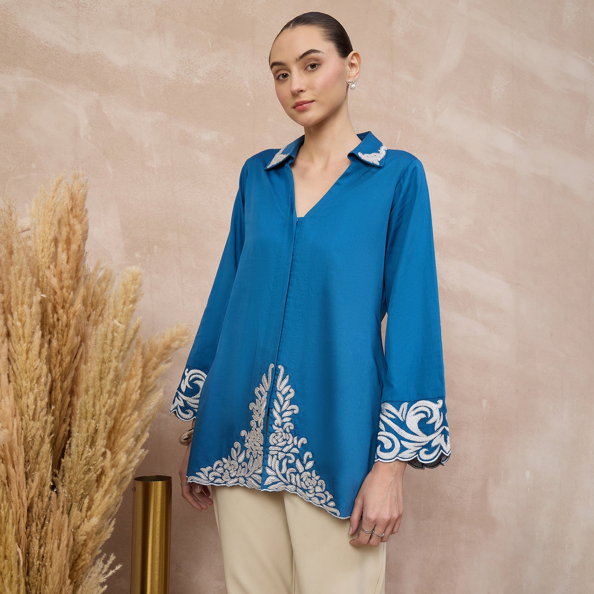 Blue Top for Women – Cotton Satin – Back View | First Resort by Ramola Bachchan