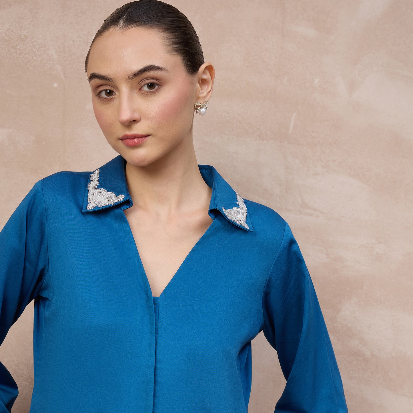 Blue Top for Women – Cotton Satin – Close Up | First Resort by Ramola Bachchan