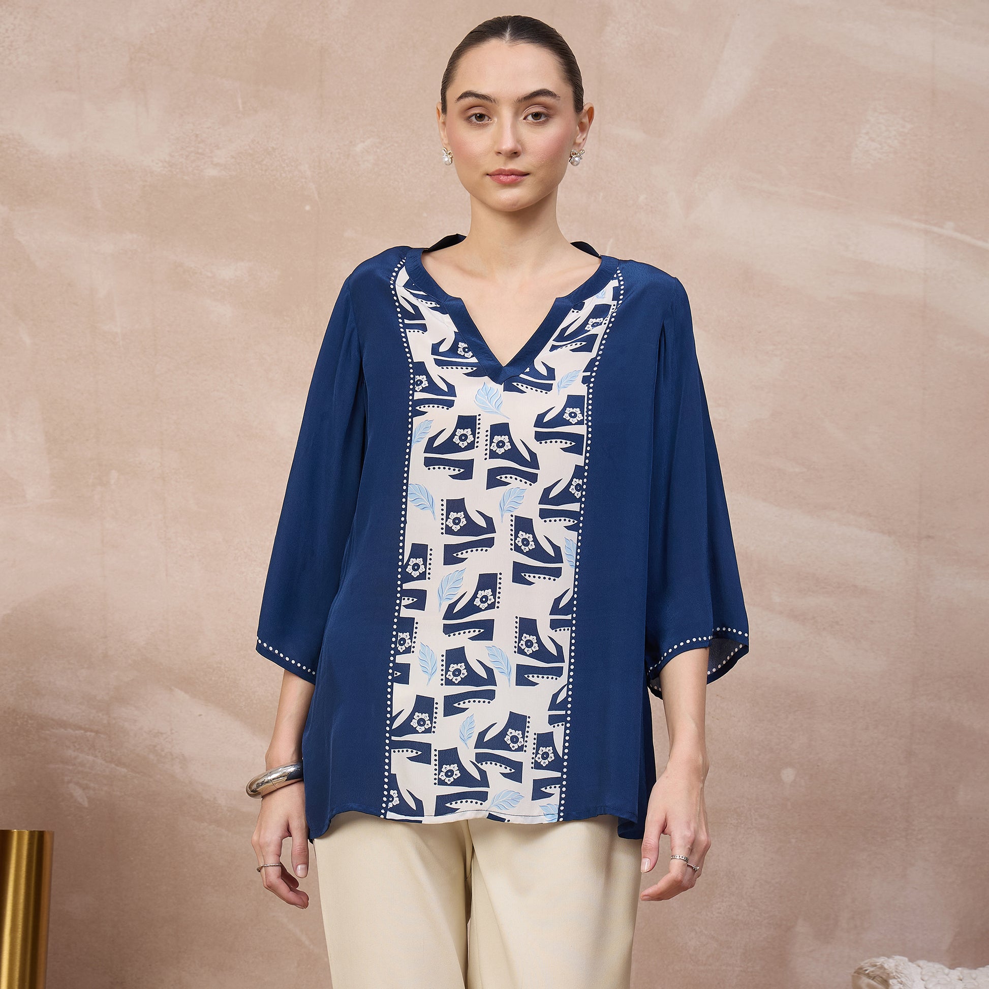 Blue Abstract Print Top for Women – Viscose Crepe | First Resort by Ramola Bachchan