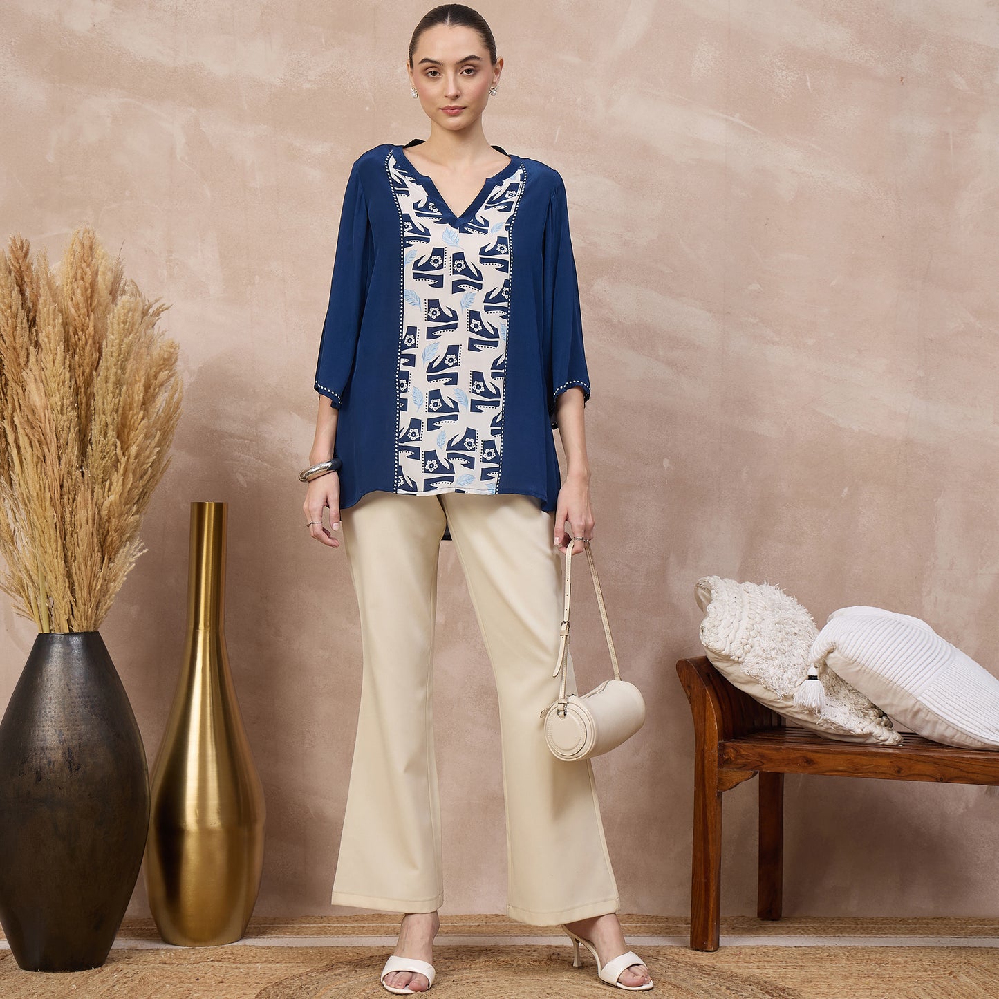 Blue Abstract Print Top for Women – Viscose Crepe – Front View | First Resort by Ramola Bachchan