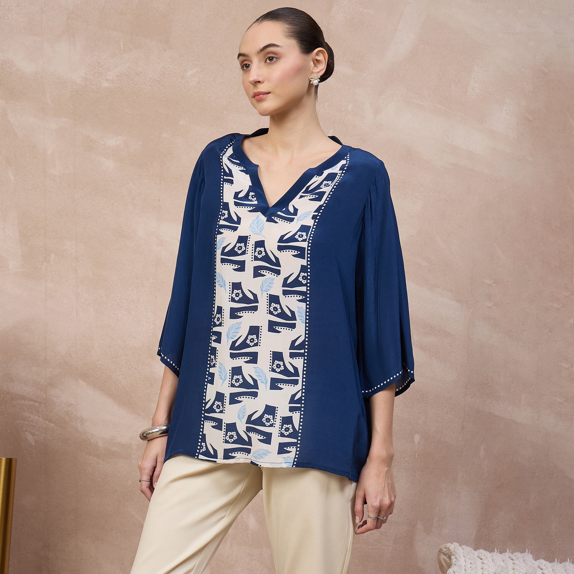 Blue Abstract Print Top for Women – Viscose Crepe – Model View | First Resort by Ramola Bachchan