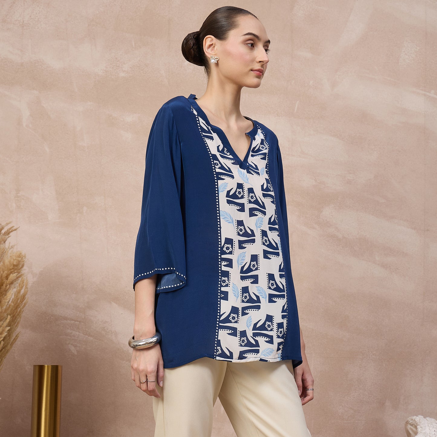 Blue Abstract Print Top for Women – Viscose Crepe – Side View | First Resort by Ramola Bachchan
