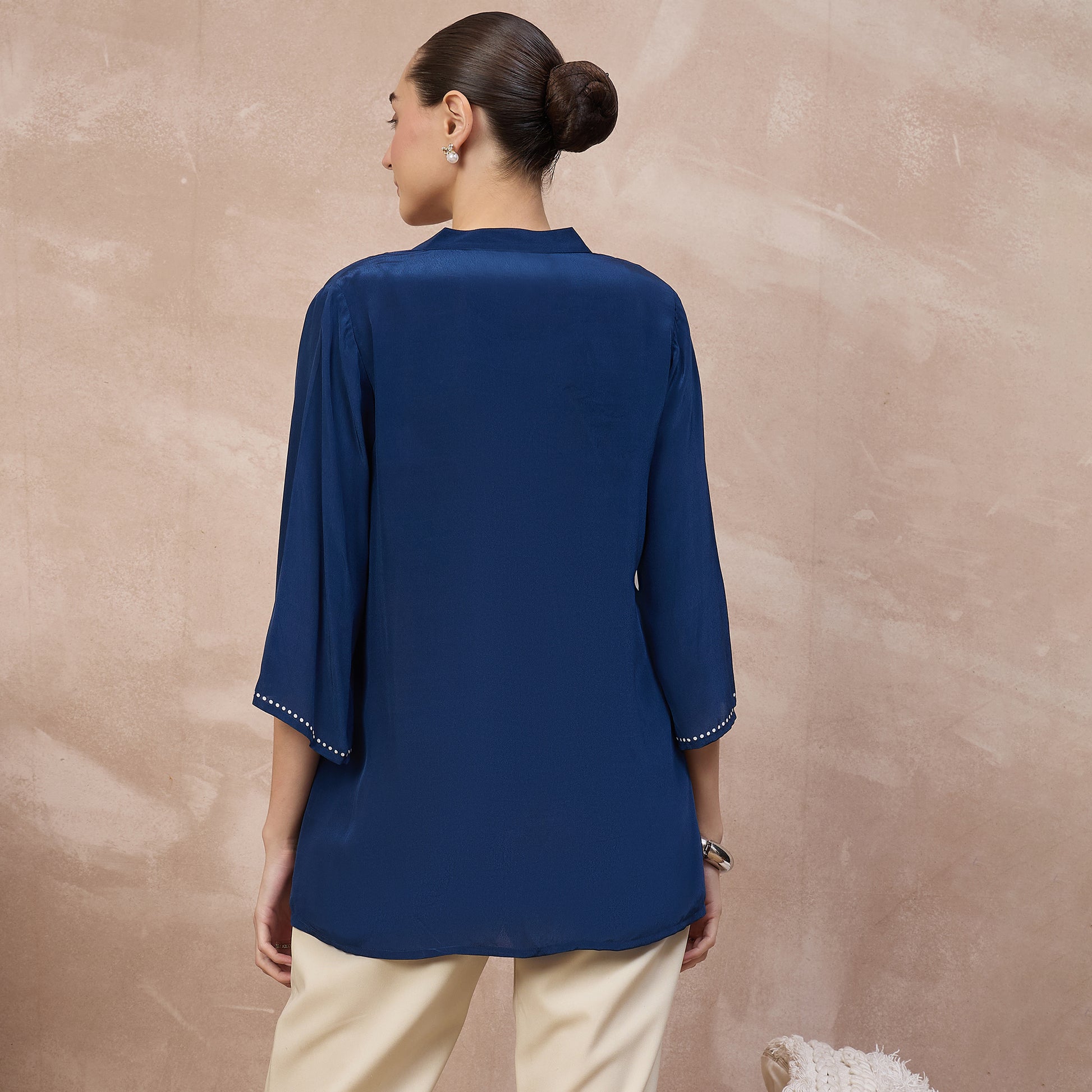 Blue Abstract Print Top for Women – Viscose Crepe – Detail View | First Resort by Ramola Bachchan