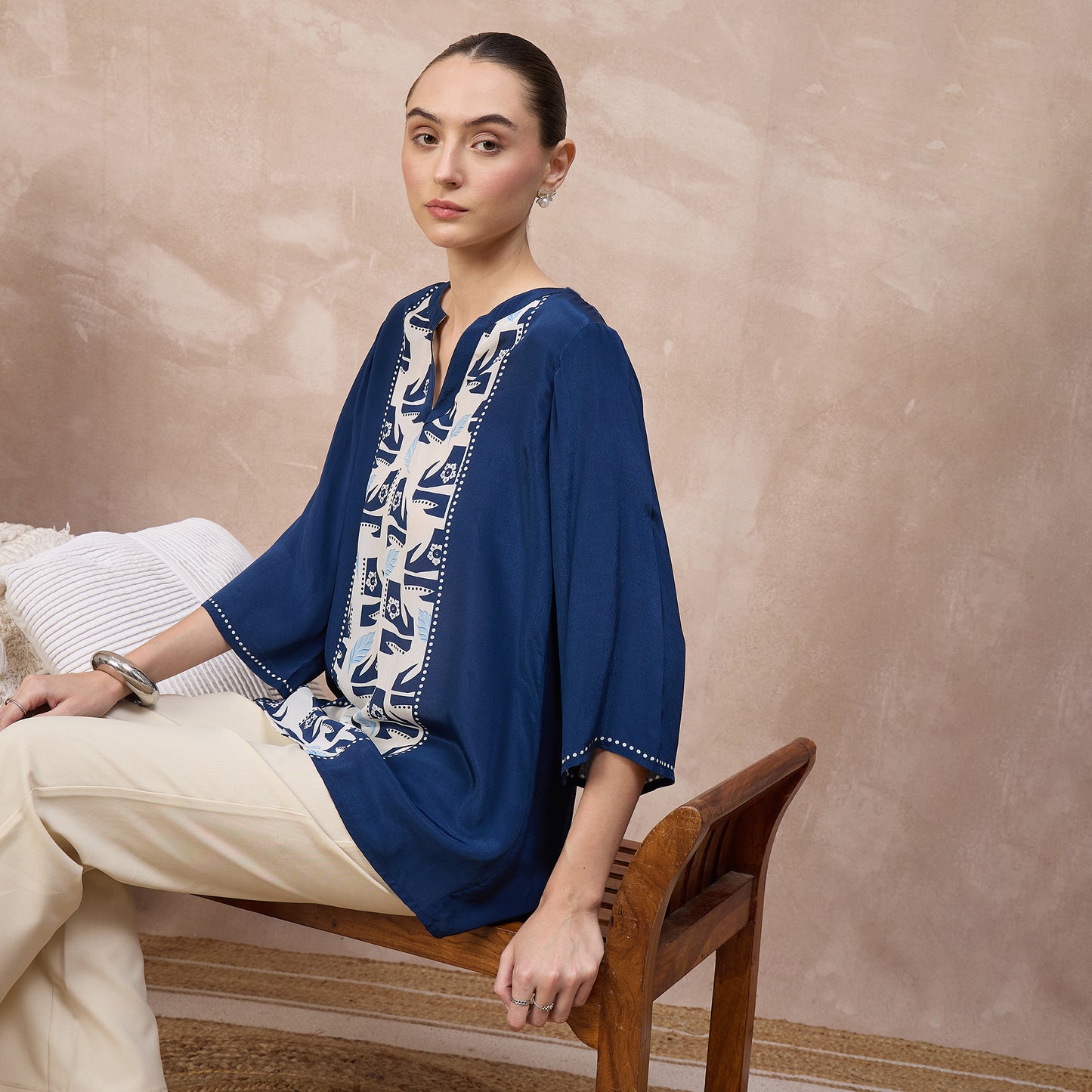 Blue Abstract Print Top for Women – Viscose Crepe – Back View | First Resort by Ramola Bachchan