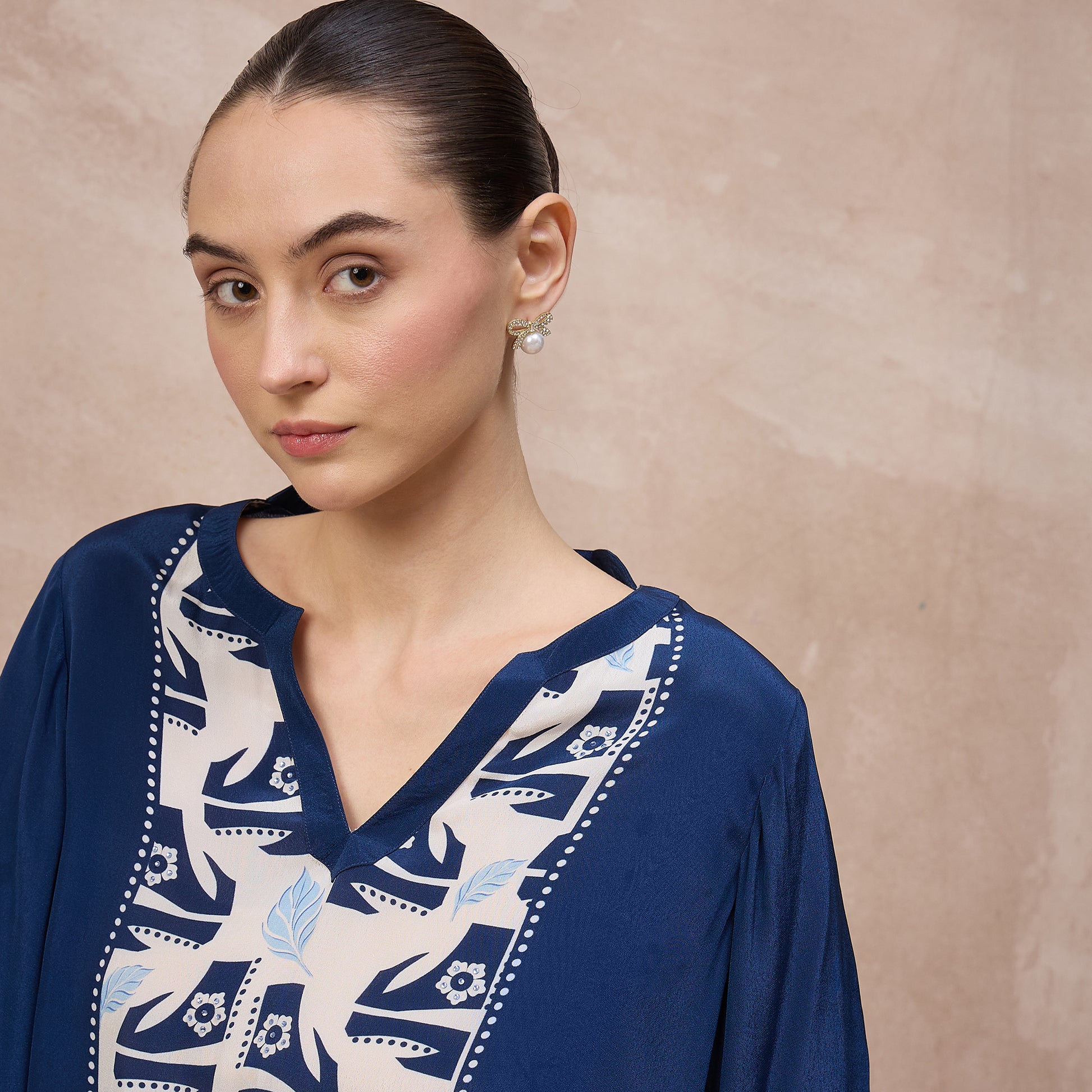 Blue Abstract Print Top for Women – Viscose Crepe – Close Up | First Resort by Ramola Bachchan
