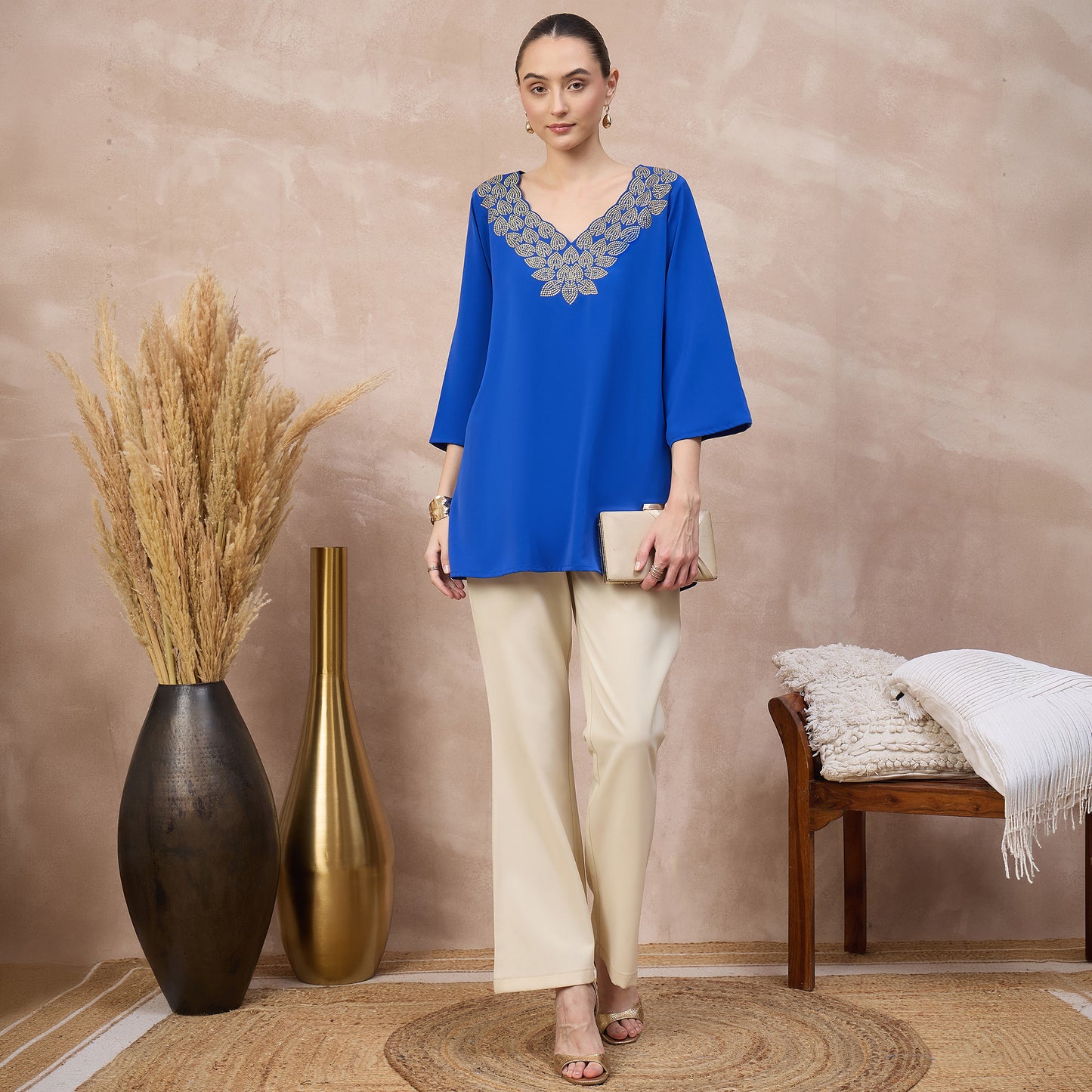 Blue Top for Women – Polyester Crepe – Front View | First Resort by Ramola Bachchan