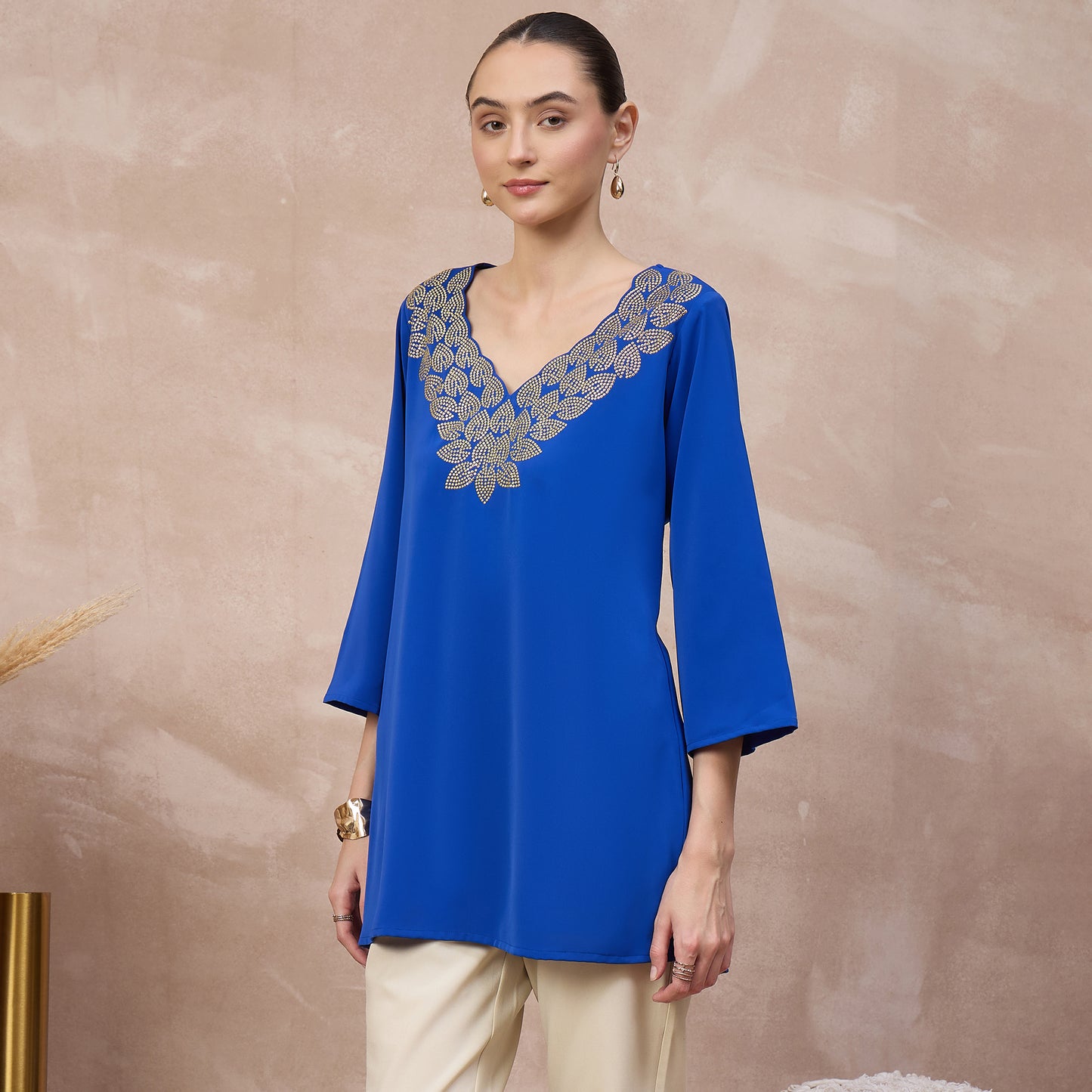 Blue Top for Women – Polyester Crepe – Model View | First Resort by Ramola Bachchan