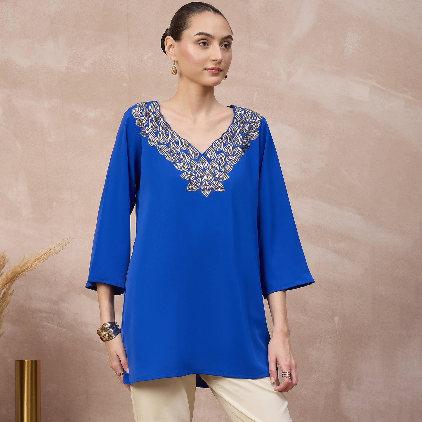 Blue Top for Women – Polyester Crepe – Side View | First Resort by Ramola Bachchan