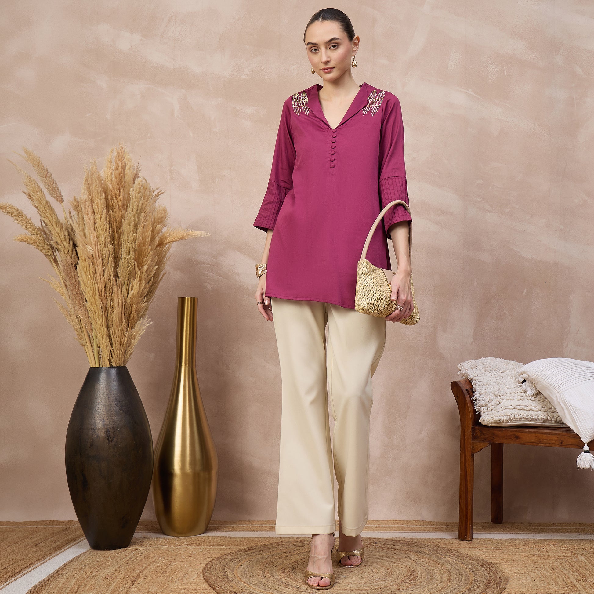 Plum Top for Women – Cotton Satin – Front View | First Resort by Ramola Bachchan