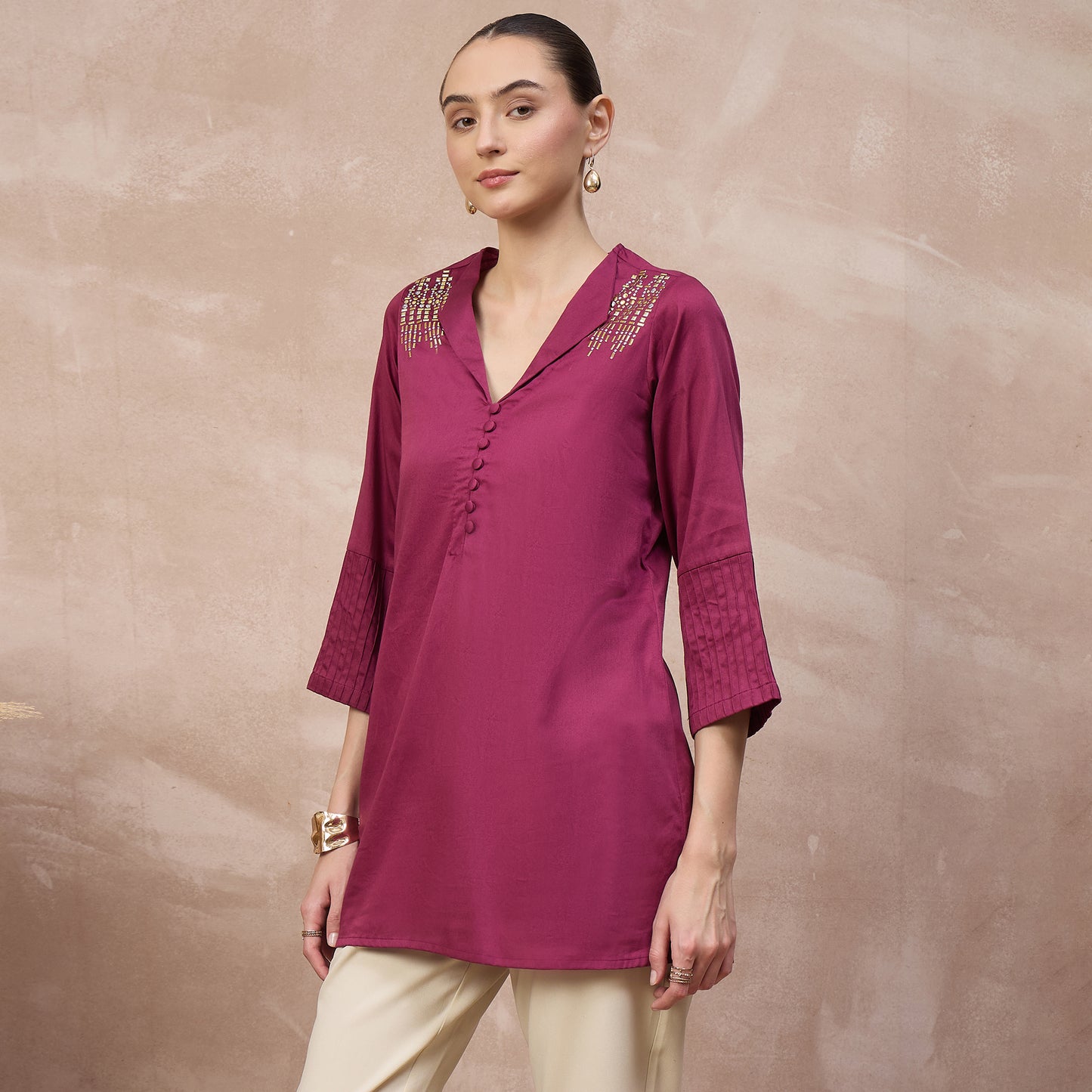 Plum Top for Women – Cotton Satin – Model View | First Resort by Ramola Bachchan