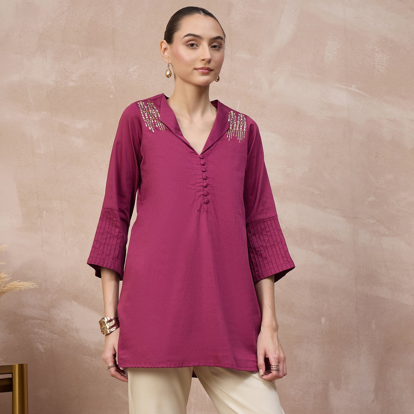 Plum Top for Women – Cotton Satin – Side View | First Resort by Ramola Bachchan