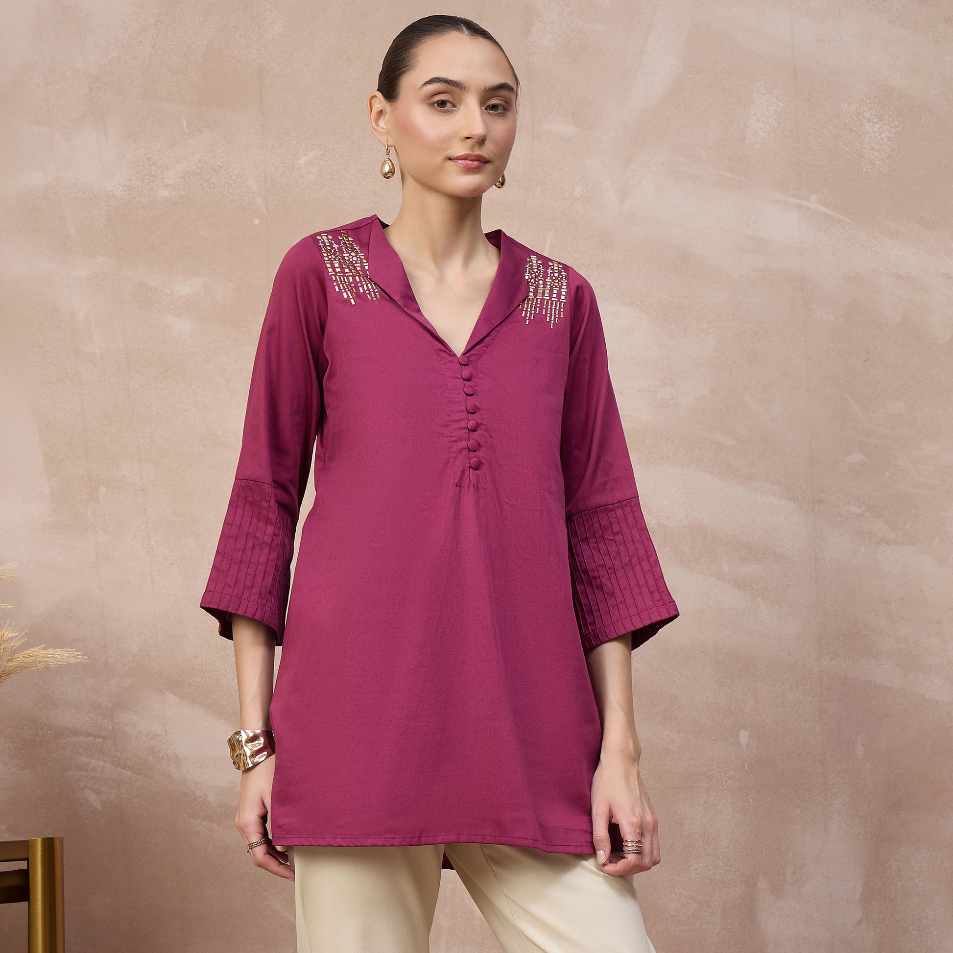 Plum Top for Women – Cotton Satin – Side View | First Resort by Ramola Bachchan