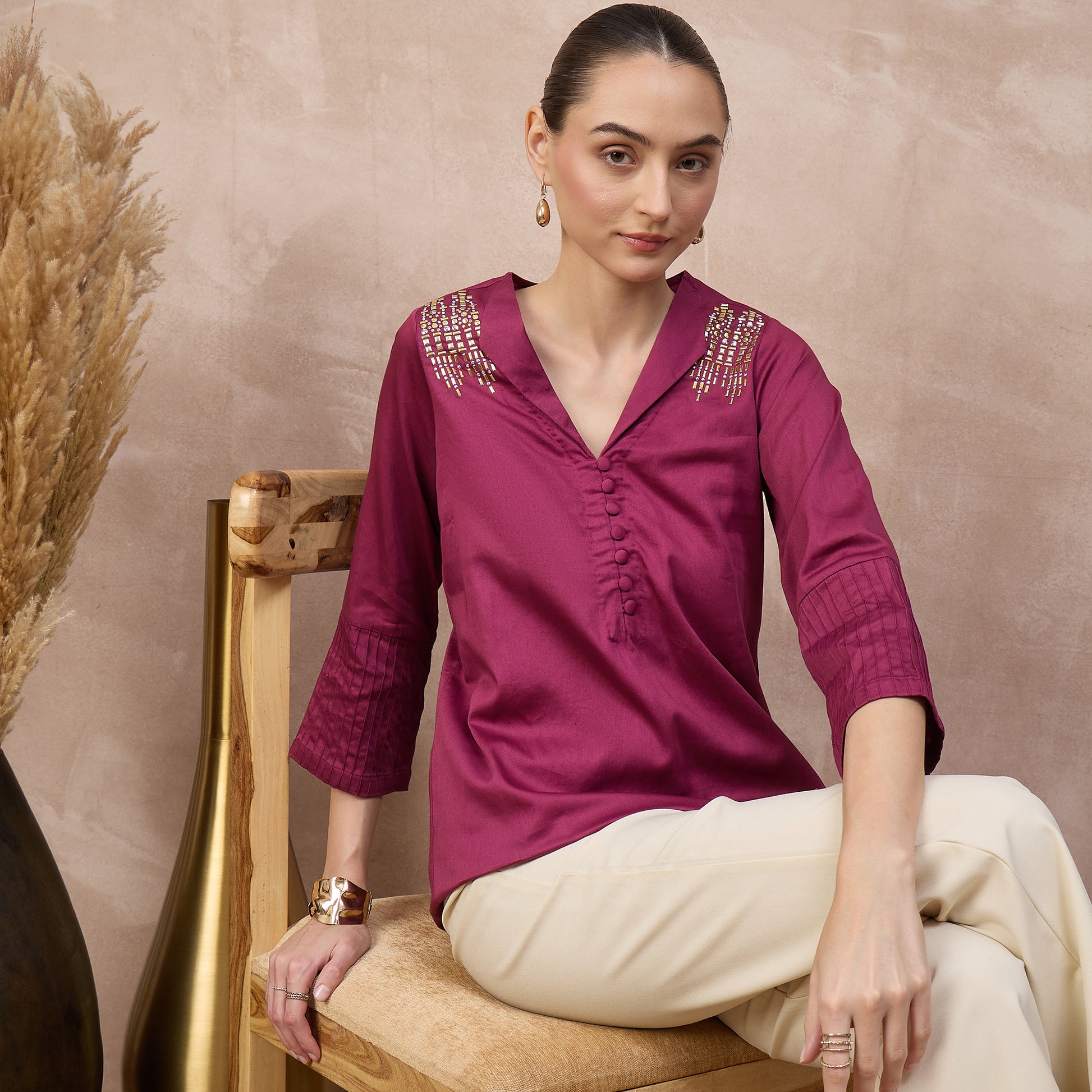 Plum Top for Women – Cotton Satin – Back View | First Resort by Ramola Bachchan
