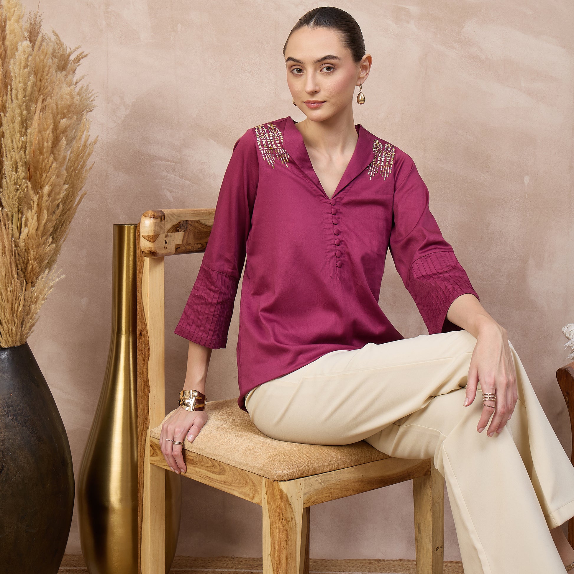 Plum Top for Women – Cotton Satin – Close Up | First Resort by Ramola Bachchan