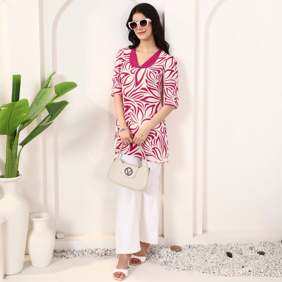 Pink Abstract Print Top for Women – Viscose Rayon – Front View | First Resort by Ramola Bachchan