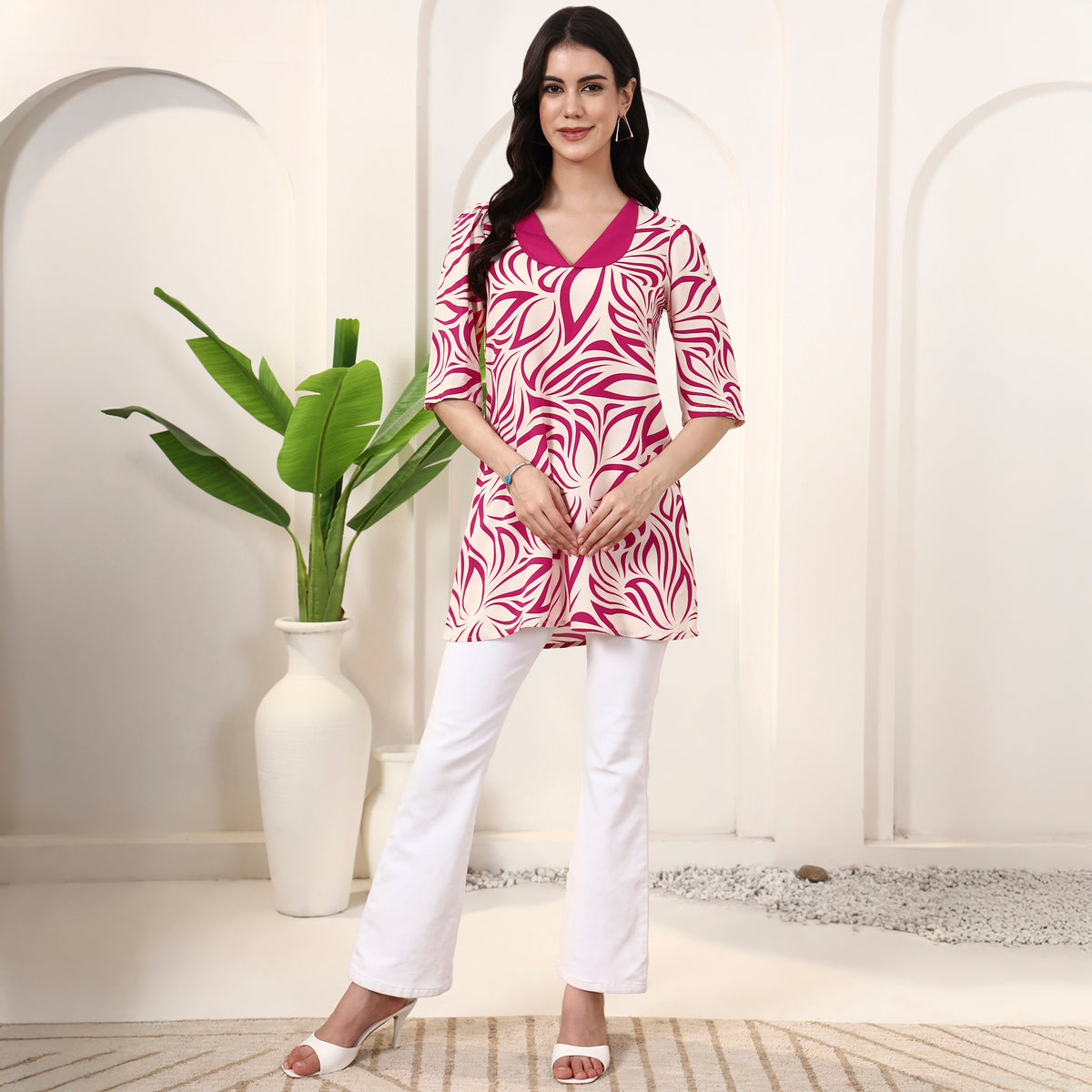 Pink Abstract Print Top for Women – Viscose Rayon – Close Up | First Resort by Ramola Bachchan
