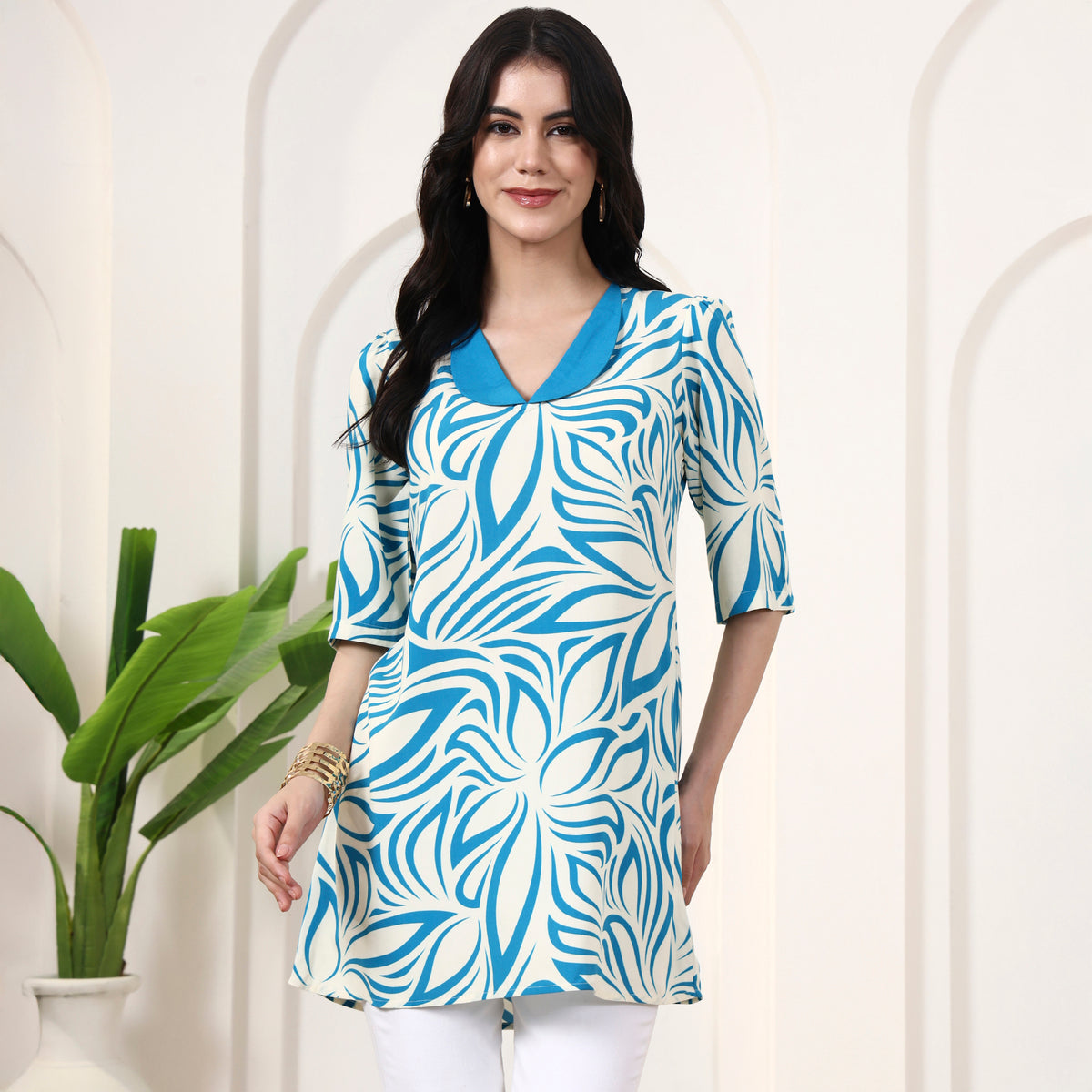 Sky Blue Abstract Print Top for Women – Viscose Rayon | First Resort by Ramola Bachchan