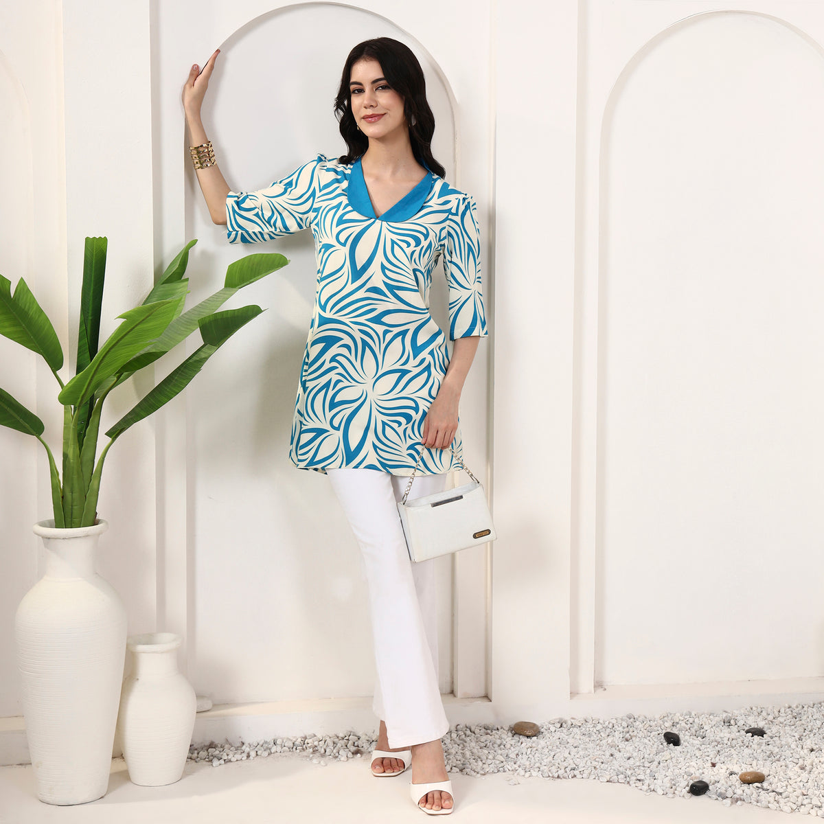 Sky Blue Abstract Print Top for Women – Viscose Rayon – Front View | First Resort by Ramola Bachchan