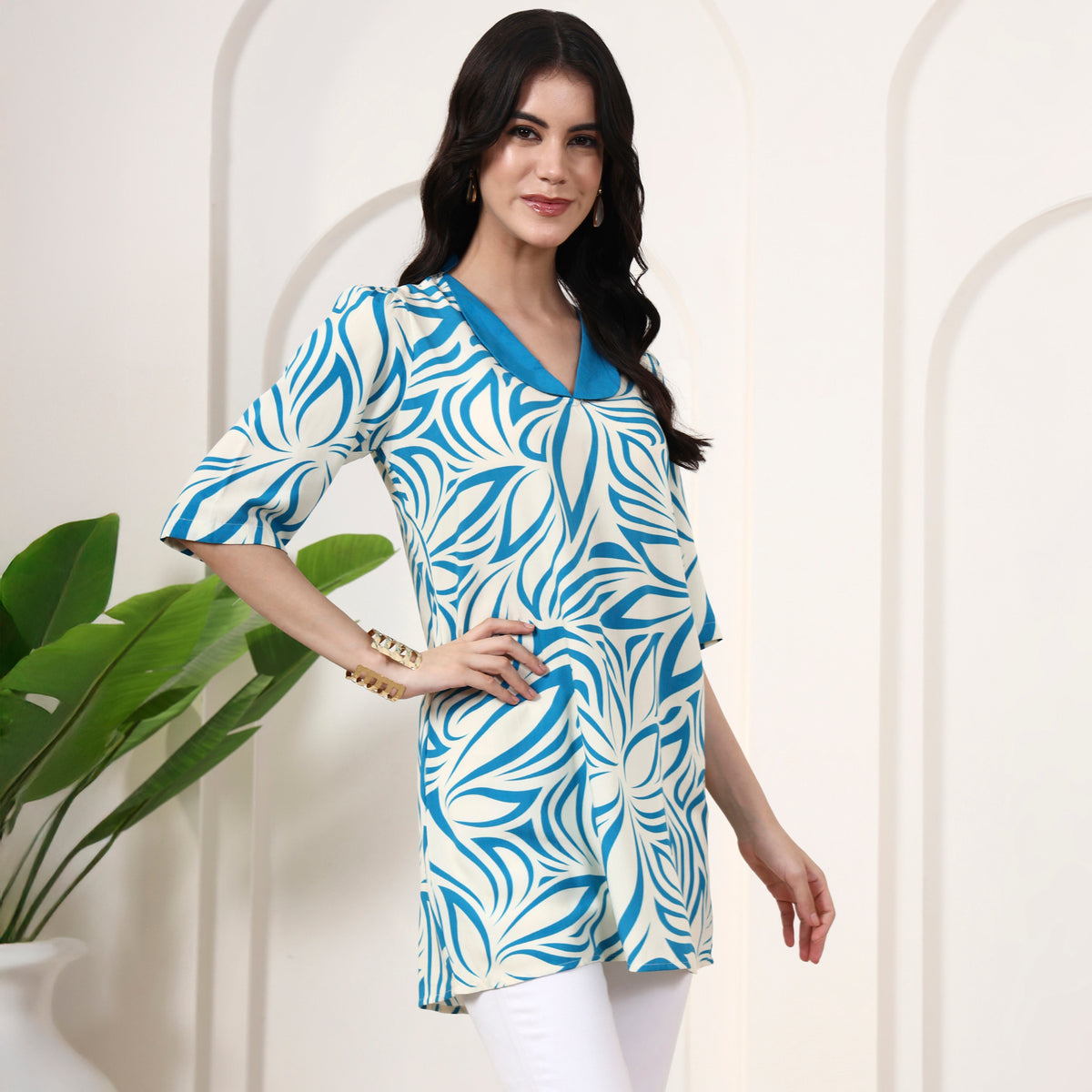 Sky Blue Abstract Print Top for Women – Viscose Rayon – Side View | First Resort by Ramola Bachchan