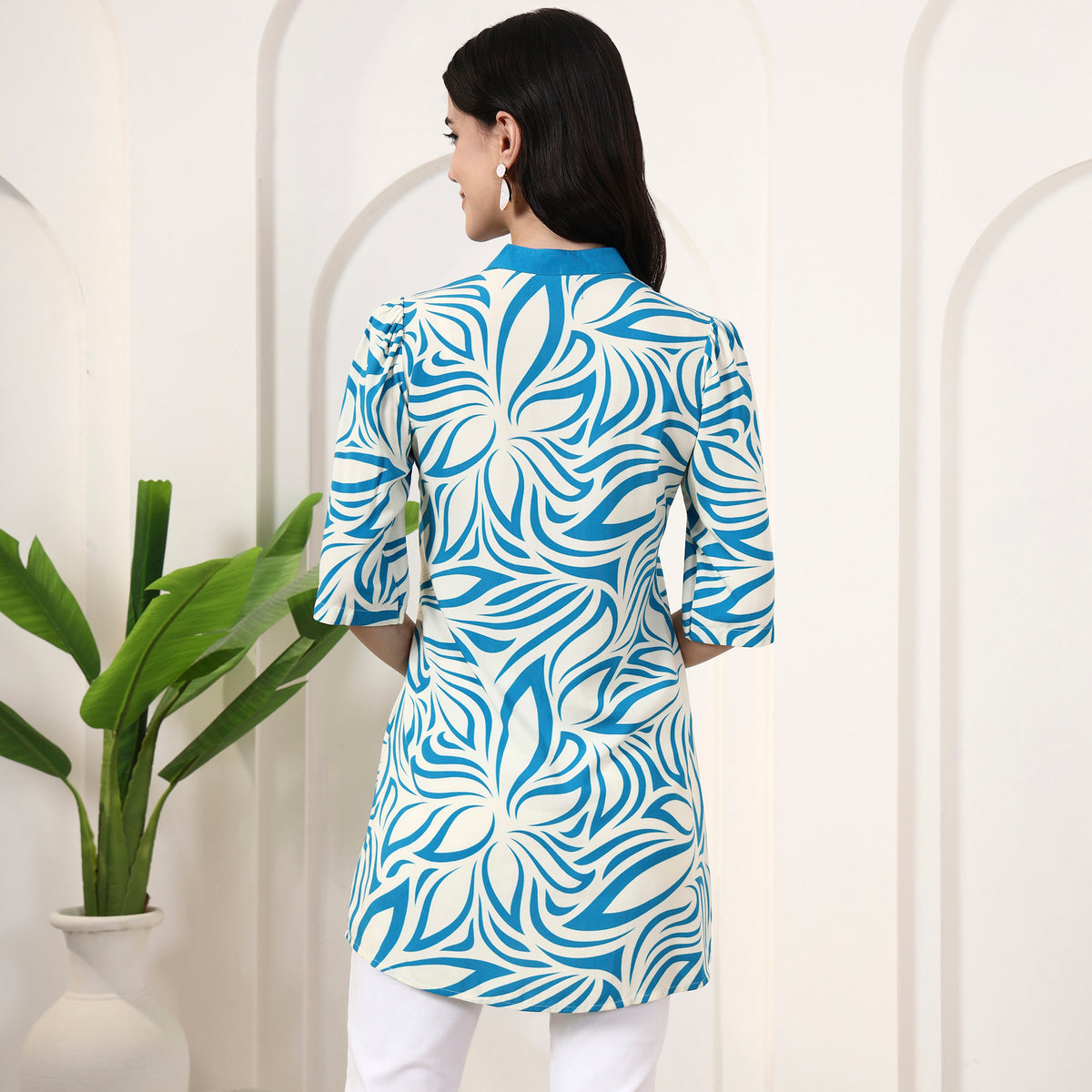 Sky Blue Abstract Print Top for Women – Viscose Rayon – Detail View | First Resort by Ramola Bachchan