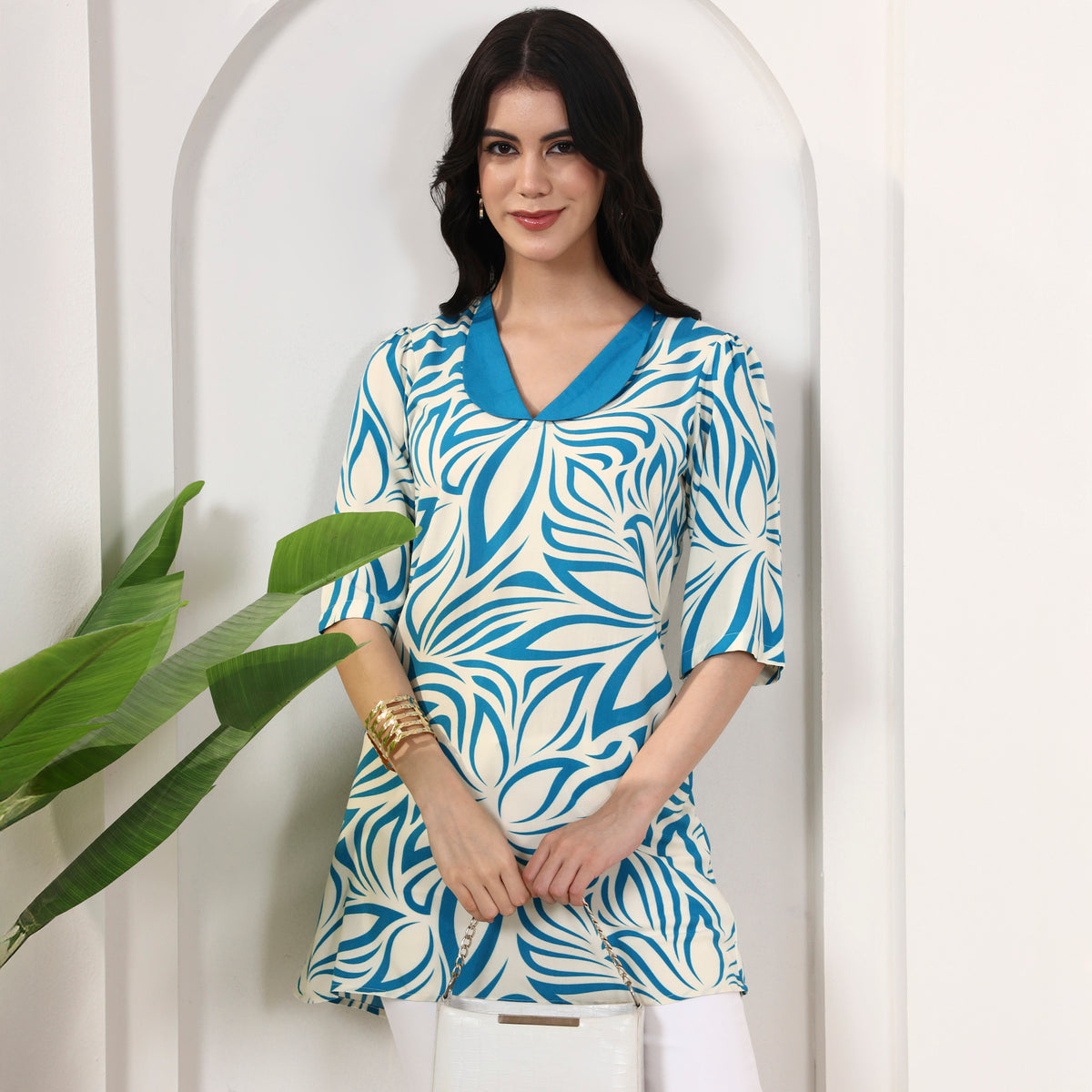 Sky Blue Abstract Print Top for Women – Viscose Rayon – Back View | First Resort by Ramola Bachchan