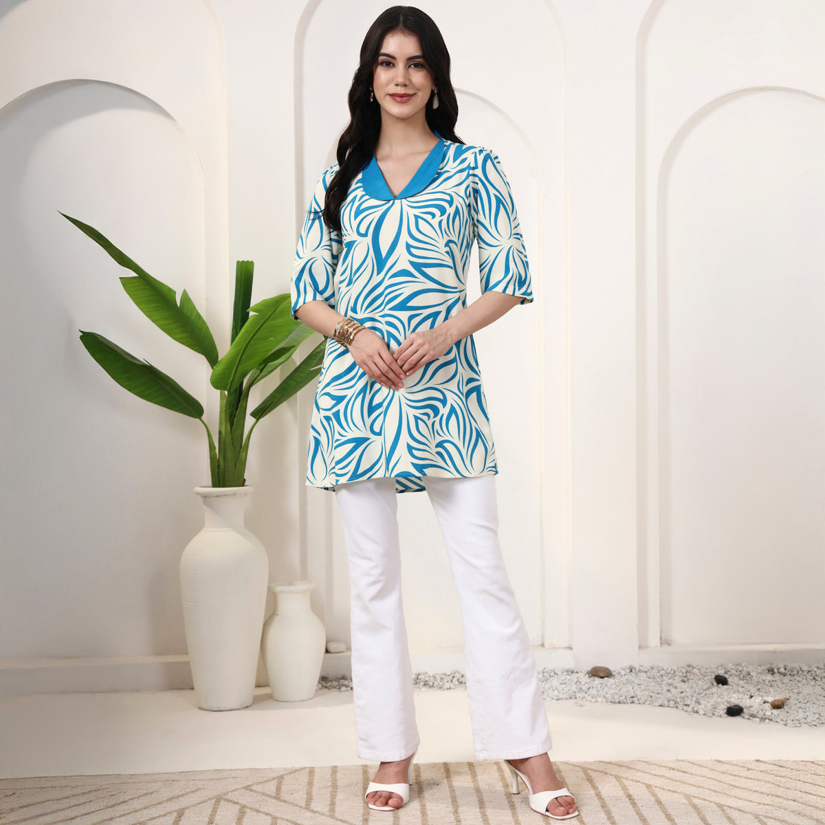 Sky Blue Abstract Print Top for Women – Viscose Rayon – Close Up | First Resort by Ramola Bachchan