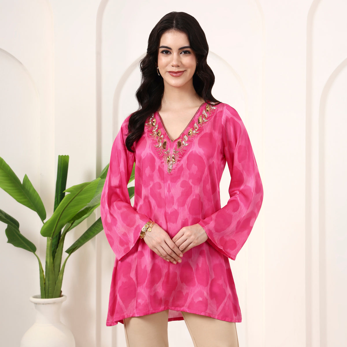 Fuchsia Abstract Print Top for Women – Bamberg Modal Satin | First Resort by Ramola Bachchan