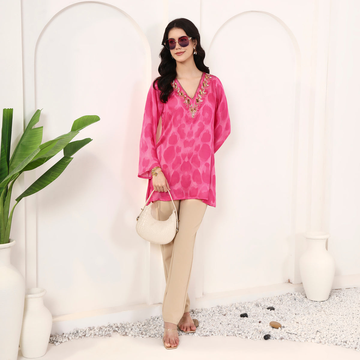 Fuchsia Abstract Print Top for Women – Bamberg Modal Satin – Front View | First Resort by Ramola Bachchan