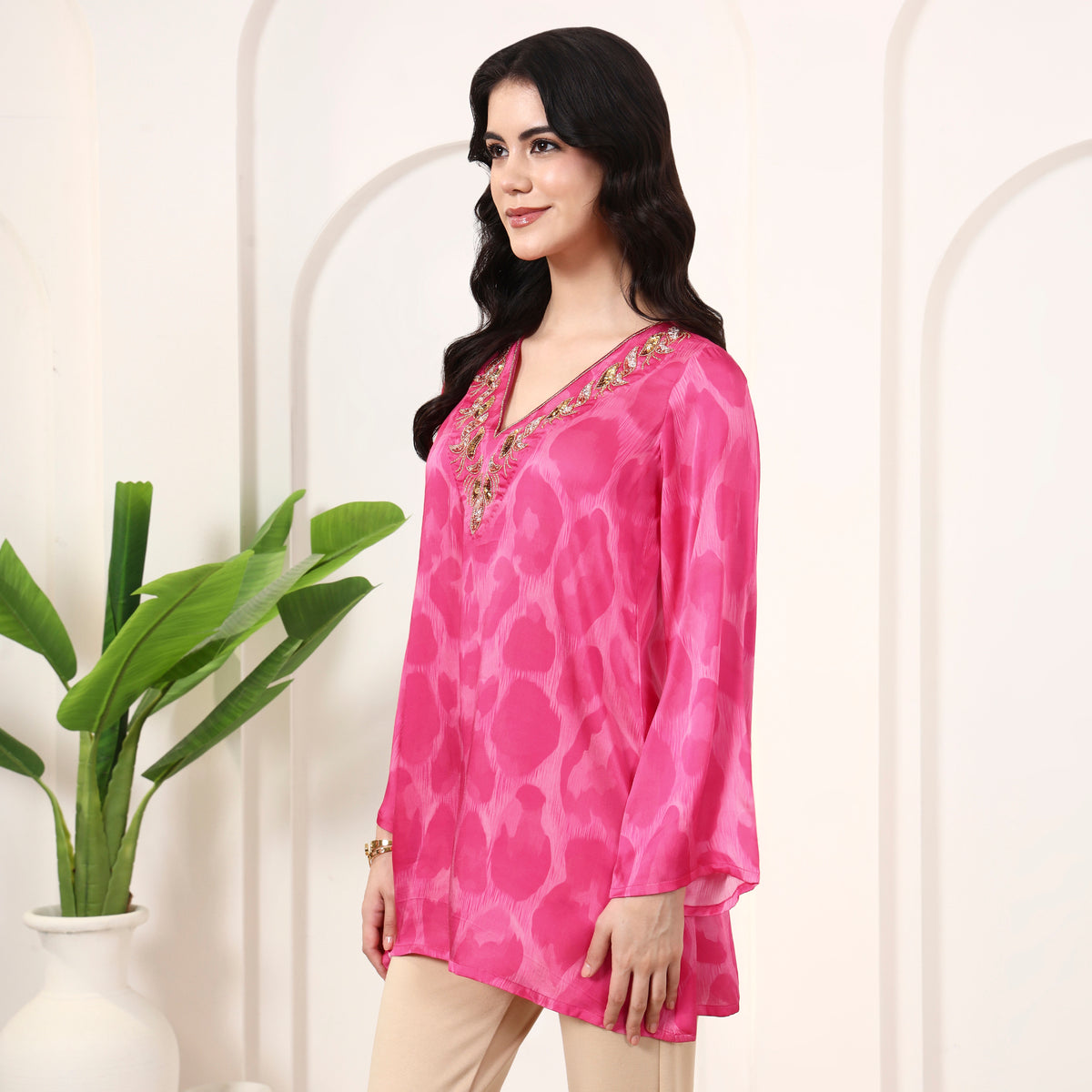 Fuchsia Abstract Print Top for Women – Bamberg Modal Satin – Model View | First Resort by Ramola Bachchan