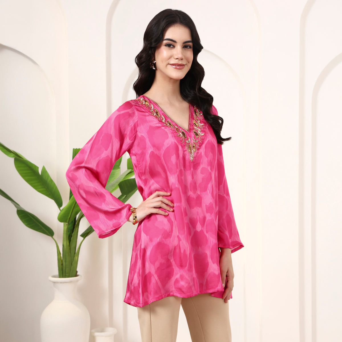 Fuchsia Abstract Print Top for Women – Bamberg Modal Satin – Side View | First Resort by Ramola Bachchan